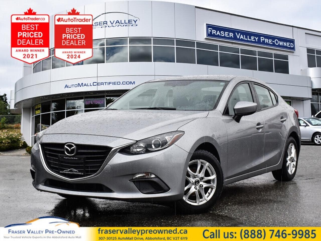 Low Mileage, Push Button Start,  Air Conditioning,  Remote Keyless Entry,  Power Windows,  Power Seats!
 
 This 2016 Mazda3 has an upscale interior, athletic performance, and outstanding fuel economy all put together in a perfectly styled hatchback. This 2016 Mazda Mazda3 is for sale today in Abbotsford. 
 
The 2016 Mazda3 is one of the most fun-to-drive and economical compact car available on the road today. Adorn with its well-crafted interior, superb fuel economy, top crash tests scores and a myriad of cutting-edge features. The 2016 Mazda Mazda3 offers pure practicality in a fun to drive package. This sedan has 86,856 km. Its nice in colour. It has a 6 Speed Manual transmission and is powered by a 155HP 2.0L 4 Cylinder Engine. It may have some remaining factory warranty, please check with dealer for details. 
 
 Our Mazda3s trim level is GX. Be on your way quickly in this Mazda3 GX with remote keyless entry and push button start. Features like power windows and door locks are also included on this value level trim. Other amenities include power side mirrors, black grille with chrome accents, interior piano black accents, a tilt and telescopic steering wheel, USB and auxiliary input jacks and an AM/FM radio with four speakers. This vehicle has been upgraded with the following features: Push Button Start, Air Conditioning, Remote Keyless Entry, Power Windows, Power Seats, Power Doors.
 
To apply right now for financing use this link: https://www.fraservalleypreowned.ca/abbotsford-car-loan-application-british-columbia
 
 

| Our Quality Guarantee: We maintain the highest standard of quality that is required for a Pre-Owned Dealership to operate in an Auto Mall. We provide an independent 360-degree inspection report through licensed 3rd Party mechanic shops. Thus, our customers can rest assured each vehicle will be a reliable, and responsible purchase.  |  Purchase Disclaimer: Your selected vehicle may have a differing finance and cash prices. When viewing our vehicles on third party  marketplaces, please click over to our website to verify the correct price for the vehicle. The Sale Price on third party websites will always reflect the Finance Price of our vehicles. If you are making a Cash Purchase, please refer to our website for the Cash Price of the vehicle.  | All prices are subject to and do not include, a $995 Finance Fee, a $995 Document Fee, and a $499 GPS Lot Pack. VSA Security Fee of $10 is applicable as we are a Certified VSA Dealer (#40190).  These fees as well as taxes, are included in all listed listed payment quotes. Please speak with Dealer for full details and exact numbers.  o~o