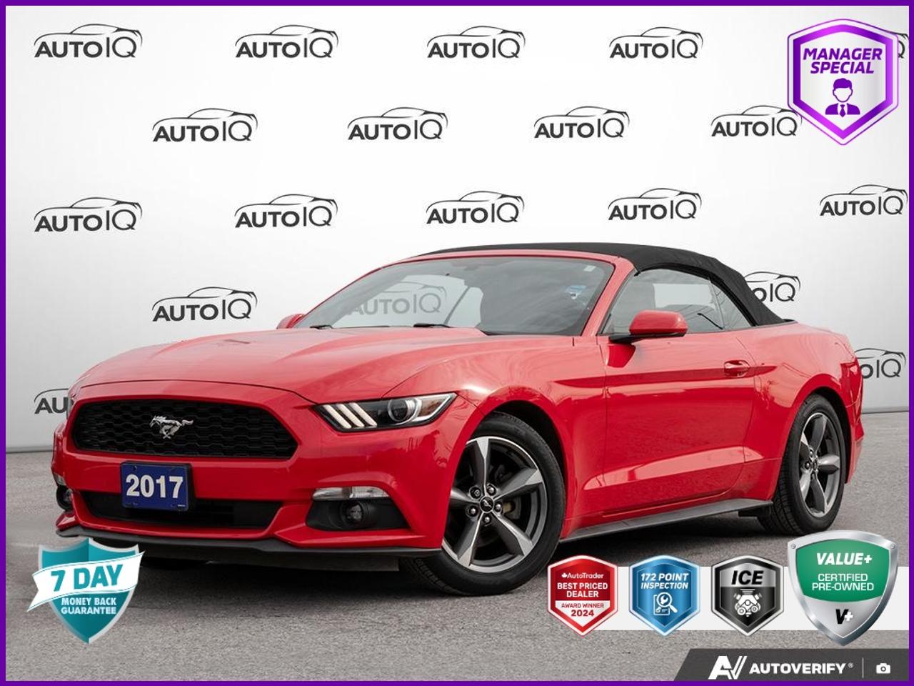 CARFAX Canada No Reported Accidents<br><br>6 Speakers, 6-Way Power Driver Seat w/Power Lumbar, Air Conditioning, Blade Decklid Body-Coloured Spoiler, Brake assist, Delay-off headlights, Dual front impact airbags, Dual front side impact airbags, Electronic Stability Control, Emergency communication system: 911 Assist, Equipment Group 051A, Exterior Parking Camera Rear, Four wheel independent suspension, Front fog lights, Fully automatic headlights, Glass rear window, High-Intensity Discharge Headlights, Illuminated entry, Leather Shift Knob, Low tire pressure warning, Power convertible roof, Power steering, Power windows, Radio: AM/FM Stereo/Single-CD Player, Rear window defroster, Remote keyless entry, Reverse Sensing System, Speed-sensing steering, Speed-Sensitive Wipers, Steering wheel mounted audio controls, SYNC Communications & Entertainment System, Tachometer, Traction control, Variably intermittent wipers, Wheels: 18 Foundry Black Painted Machined Alum.<br><br>Race Red<br>2017 Ford Mustang V6 051A | POWER WINDOWS | POWER STEERING | KEYLESS ENTRY | BACKUP CAMERA |<br>051A | POWER WINDOWS | POWER STEERING | KEYLESS ENTRY | BACKUP CAMERA | 2D Convertible<br>3.7L V6 Ti-VCT 24V 6-Speed Automatic with Select-Shift<br>RWD<br><br>Awards:<br>  * JD Power Canada Initial Quality Study (IQS), Vehicle Dependability Study (VDS)   * JD Power Canada Initial Quality Study (IQS)<br><br>Reviews:<br>  * No surprises here. Owners rate the GT350 highly on all aspects of performance, noise, grip, handling, braking, and go-fast styling. This machine is capable of delivering serious performance figures, and it looks (and sounds) great doing it. Owners also say the GT350 packs a compelling array of high-tech features that are easy to use and interface with. Notably, the central-command system is logical, easily operated, and straightforward. Source: autoTRADER.ca<br>  * Owners of Mustangs from this generation report its best handling, sharpest steering, and most well-sorted ride and handling equation to date. The new looks are generally loved throughout the community, and performance (and sound!) from the V8 engine are very highly rated. Good overall value and powerful headlight performance round out the package. Source: autoTRADER.ca<p> </p>

<h4>MANAGER SPECIAL VALUE+ CERTIFIED PRE-OWNED VEHICLE</h4>

<p>
- 36-point Provincial Safety Inspection<br>
- 172-point inspection combined mechanical, aesthetic, functional inspection including a vehicle report card<br>
- Warranty: 30 Days or 1500 KMS on mechanical safety-related items and extended plans are available<br>
- Complimentary CARFAX Vehicle History Report<br>
- 2X Provincial safety standard for tire tread depth<br>
- 2X Provincial safety standard for brake pad thickness<br>
- 7 Day Money Back Guarantee*<br>
- Market Value Report provided<br>
- Complimentary 3 months SIRIUS XM satellite radio subscription on equipped vehicles<br>
- Complimentary wash and vacuum<br>
- Vehicle scanned for open recall notifications from manufacturer
</p>

<p>SPECIAL NOTE: This vehicle is reserved for AutoIQs retail customers only. Please, No dealer calls. Errors & omissions excepted.</p>

<p>*As-traded, specialty or high-performance vehicles are excluded from the 7-Day Money Back Guarantee Program (including, but not limited to Ford Shelby, Ford mustang GT, Ford Raptor, Chevrolet Corvette, Camaro 2SS, Camaro ZL1, V-Series Cadillac, Dodge/Jeep SRT, Hyundai N Line, all electric models)</p>