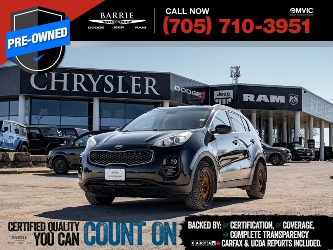 CARFAX Canada No Reported AccidentsAWD.This vehicle is certified. You can trust that each certified vehicle goes through a 150-point inspection by our factory-trained master technicians. Our requirements exceed the provincial regulations of safety standards.With every detail disclosed and every standard met, confidence comes standard.Verified Vehicle History: CarFAX and UCDA reports included.Certified & Serviced: Oil, filters, and wipers replaced before delivery.Warranty You Can Trust: Up to 8 years or 200,000 KM of coverage.Finance Made Simple: Competitive rates for all credit profiles.Easy Exchange Program: Return within 7 days or 500 KM.Thank you for choosing Barrie Chrysler Dodge Jeep Ram, where the easy car-buying experience is all about you! Visit our expansive 50-car indoor showroom and view the hundreds of vehicles available, both on-site and off-site. We are located right in the heart of Barrie, on Dunlop St W, just off of Highway 400. - 395 Dunlop St W, Barrie, ON.We pay cash for cars, even if you dont buy one from us!Black 2017 Kia Sportage LX 4D Sport Utility 2.4L I4 DGI DOHC 6-Speed Automatic with Sportmatic AWDWe utilize real-time third-party software to price our vehicles, ensuring they align with the daily average market price. For that reason, our vehicles are priced competitively.We have over 100 pre-owned vehicles available onsite, with extra off-site inventory available at all times. Prices are plus HST and licensing fee.Reviews:* Owners report solid ride comfort, and good outward visibility and performance especially from turbocharged models. The performance and confidence imparted by the AWD system is highly rated by owners in northern climates, too. Good fuel economy from non-turbo models and built-in storage help round out the package. Source: autoTRADER.caAwards:* IIHS Canada Top Safety Pick, Top Safety Pick+