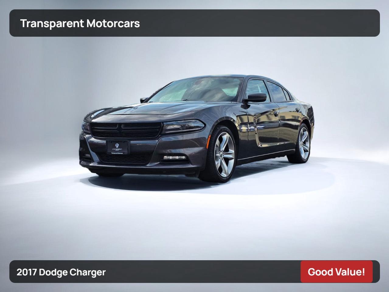 Transparent Motorcars is pleased to offer this Granite Crustal Metallic 2017 Dodge <br/> Charger With 116,549kms. It Features 292 Horsepower Pentastar V6 Engine Paired With 8-Speed Shiftable Automatic Transmission, PLUS GROUP PACKAGE, Aluminum Wheels, Bakcup Camera, Heated Front And Rear Seats, Power Seats, HID Headlights, Rear Parking Air, Keyless Start/Entry, Power Sunroof, Universal Garage Opener, Touch Screen, Dual-Zone Climate Control And Much More! <br/> <br/> <br/> Stock# G00179D Dealer # 50276 <br/> <br/> <br/> $995 Documentation Fee <br/> <br/> <br/> 3771 No.3 Road Richmond/4211 No.3 Road Richmond <br/> <br/> <br/> This vehicle has undergone a comprehensive 110-point inspection at our state-of-the-art service facility, covering: Powertrain, Suspension, Tire Tread Depth ,Brake Condition ,All Electrical Components <br/> <br/> <br/> *Each vehicle comes with a limited warranty for your peace of mind. <br/> <br/> <br/> *Free, full CARFAX Vehicle History Report available upon request. <br/> <br/> <br/> *We are a 5-star rated Google dealership, trusted by our customers. <br/> <br/> <br/> *Thousands of satisfied customers  we invite you to join our automotive family! <br/> <br/> <br/> *Complimentary pick-up service from the airport, ferry terminal, or SkyTrain station is available. <br/> <br/> <br/> *For details on our refund and buyback policy, please contact our team directly. <br/> <br/> <br/> At our dealership, we pride ourselves on building lasting relationships with our customers. Were not just a one-time dealer  we are committed to being your trusted partner for all your vehicle needs, now and in the future. From your initial purchase to ongoing service, we aim to exceed expectations every step of the way. <br/>