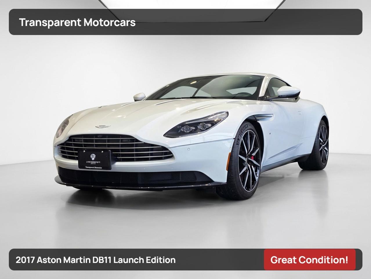 Transparent Motorcars is pleased to offer this beautiful Lunar White 2017 Aston Martin DB11 Launch Edition With 36,500kms, Clean Carfax, Great Condition! It Features 600 Horsepower Twin-Turbo V12 Engine Paired With 8-Speed Shiftable Automatic Transmission, Performance Exhaust, Brake Calipers - Red, Forged Carbon Fiber Interior, 10 Spoke Direction Gloss Black DT Wheels, Contrast Stitching, Bang & Olufsen Surround Sound System, Nexus Quilting, Celestial Perforation Seat Inner, Brogue Detailing, Headlining Match To Seat Inner, Garage Door Opener, 360 Backup Camera, Navigation System, Keyless Start/Entry And Much More! <br/> <br/> <br/> Stock# G000182A Dealer#50276 <br/> <br/> <br/> $995 Documentation Fee <br/> <br/> <br/> Transparent Performance Catback Exhaust Can Be Sold Separately <br/> <br/> <br/> Transparent Motorcars <br/> 3771 No.3 Road, Richmond <br/> Transparent Motorcars Lipont Place <br/> 4211 No.3 Road, Richmond <br/> <br/> <br/> Free Copy of Complete Carfax Report Will Be Provided Upon Request! <br/> <br/> <br/> Thousands and Thousands of Satisfied Customers  Join Our Family! <br/> <br/> <br/> Courtesy Pick Up From Airport, Ferry, and Skytrain! <br/> <br/> <br/> Contact us for Refund and Buyback Policy! <br/>