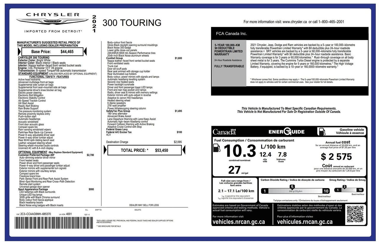 2021 Chrysler 300 300 TOURING L+SAFETY TEC+SPORT PKG+CLEAN CARFAX Photo70