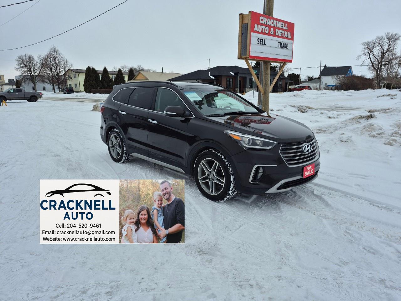 <p>2017 Hyundai Santa Fe XL Captain Chairs - Safetied - Clean Title - $126 Bi-Weekly + Tax</p><p><span style=color:rgb( 15 , 15 , 15 )>﻿Located in Carberry, but capable of bringing to Brandon. Priced to Sell! Carfax Available, excellent condition.</span></p><ul><li><p>8" Touchscreen Navigation System</p></li><li><p>Infinity® Premium Audio with QuantumLogic® Surround and Clari-Fi Music Restoration Technology</p></li><li><p>Remote starter</p></li><li><p>Apple CarPlay and Android Auto Compatibility</p></li><li><p>Bluetooth® Hands-Free Phone System</p></li><li><p>Blind Spot Detection (BSD) with Rear Cross-Traffic Alert (RCTA)</p></li><li><p>Lane Change Assist</p></li><li><p>Rearview Camera</p></li><li><p>Multi-View Camera System</p></li><li><p>Electronic Stability Control (ESC) with Traction Control System (TCS)</p></li><li><p>6-Passenger Seating with Second-Row Captains Chairs</p></li><li><p>Dual-Zone Automatic Temperature Control</p></li><li><p>Heated Front and rear seats</p></li><li><p>Panoramic Sunroof</p></li><li><p>19" Alloy Wheels</p></li><li><p>Hands-Free Smart Liftgate with Auto Open</p></li><li><p>LED Daytime Running Lights</p></li><li><p>Roof Side Rails</p></li><li><p>Chrome-Tipped Dual Exhaust</p></li></ul><p>Financing Available/ Trades Welcome / delivery available.</p><p>Call/Text<u> 204-520-9461</u></p><p>Dealer #5905</p><p>Treaty cards accepted - 7 Day insurances available meaning you can drive home the same day even if MPI is closed (good for weekends and after hours)</p>