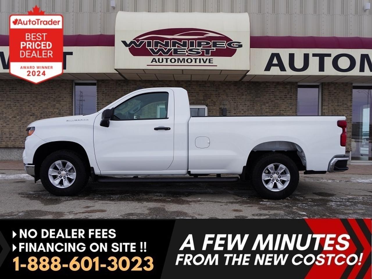 *** Dealer arranged financing on site! Quick, Simple,  no calls or waiting on bank appointments required!! Drive away today ***   NO ADMINISTRATION FEES!!

VERY LOW KMS!!! (YES, ONLY 14K KMS!!) BARELY BROKEN IN!  STILL SHOWS AS NEW, VERY WELL EQUIPPED 2024 CHEVROLET SILVERADO 1500 REGULAR CAB 5.3L V8 WITH 8-FOOT BOX WITH THE FULL CHEVROLET SAFETY ASSIST (LANE DEPARTURE/LANE KEEP, FORWARD COLLISION BRAKING & MORE), POWER GROUP, AND SO MUCH MORE. VERY CLEAN & SHARP, GREAT OPTIONS, GREAT DEAL, MUST BE SEEN, READY TO GO FOR YOUR WORK OR PLEASURE NEEDS!!

Features & Highlights:
- ONLY 14,000 KM
- 8-Cylinder V8 engine
- Automatic transmission
- Regular Cab configuration
- Long Box for maximum cargo capacity
- Work-ready suspension
- Backup camera
- Bluetooth connectivity
- Touchscreen stereo with Apple CarPlay & Android Auto
- Air conditioning
- Power windows and locks
- Durable interior designed for real use
- Power tailgate with push-button operation

This Silverado is very clean and sharp, well maintained, and ready to go immediately. It is the kind of work truck buyers search for but rarely find, low kilometers, V8 power, and the right long box configuration. Whether you need a dependable truck for your business, a solid daily driver, or a capable pickup that can handle real work without compromise, this one delivers. Great options, great value, and must be seen. Low-kilometers V8 work trucks like this do not last long, and this unit is ready to go for your work or everyday needs.


Comes with a Manitoba Safety Certification, and we have many Extended Powertrain warranties available on your vehicle purchase up to 10-year coverage (on eligible vehicles see dealer for details). Financing on site with Zero down financing OAC. Trades accepted. View at Winnipeg West Automotive Group, 5195 Portage Ave. (only a couple of minutes past the new Costco) Dealer permit # 6007, Call now 1(888) 601-3023. This Car is located in Winnipeg Manitoba,  however we can have it shipped anywhere in North America relatively inexpensively.