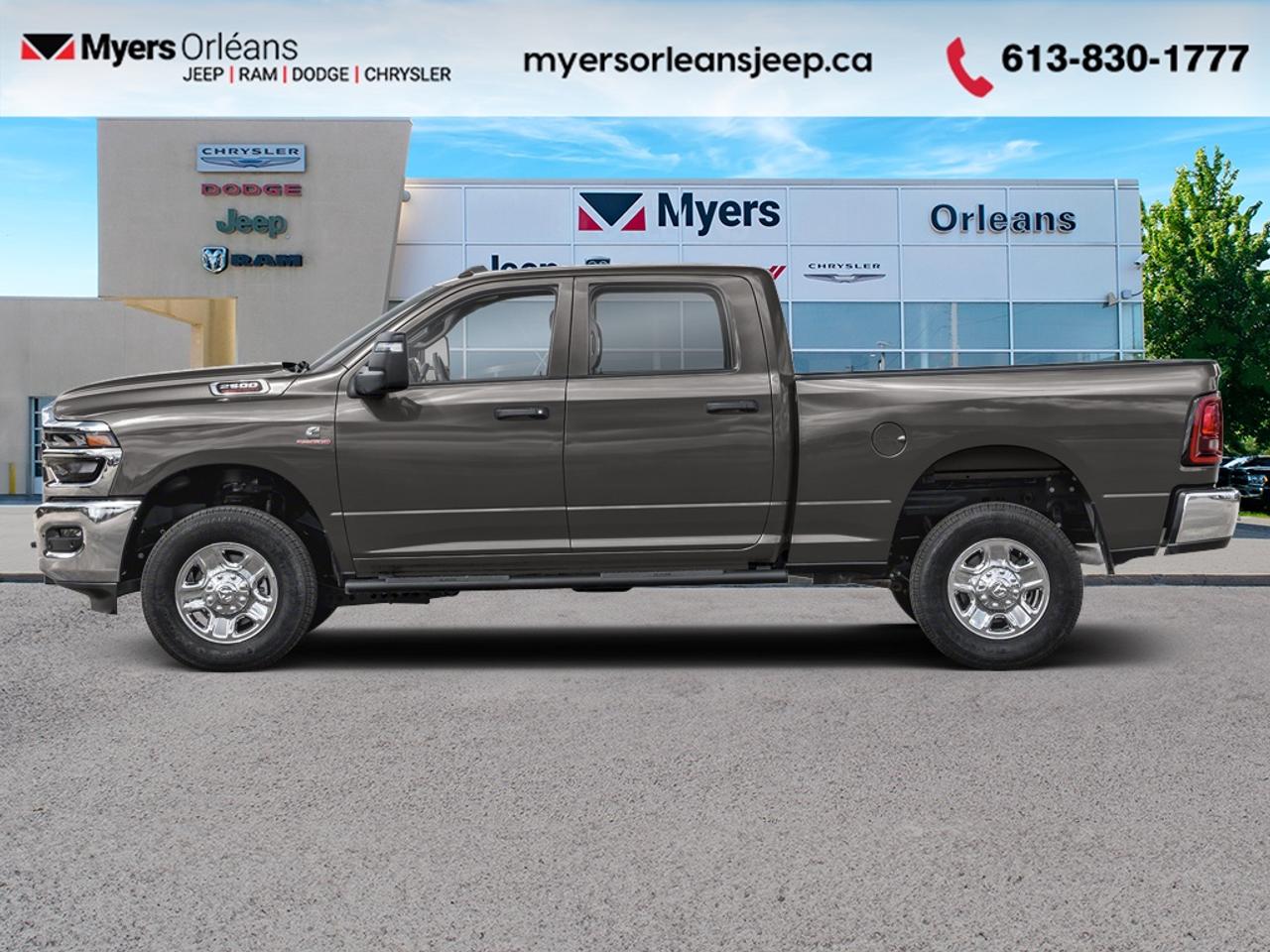 <b>Diesel Engine, 5TH WHEEL/GOOSENECK TOWING PREP GROUP, Bed Utility Group!</b><br> <br> This ultra capable Heavy Duty Ram 2500 is a muscular workhorse ready for any job you put in front of it. <br> <br>Endlessly capable, this 2025 Ram 2500HD pulls out all the stops, and has the towing capacity that sets it apart from the competition. On top of its proven Ram toughness, this Ram 2500HD has an ultra-quiet cabin full of amazing tech features that help make your workday more enjoyable. Whether youre in the commercial sector or looking for serious recreational towing rig, this impressive 2500HD is ready for anything that you are.<br> <br>This Granite Crystal Metallic sought after diesel 4X4 pickup has an Automatic transmission. <br> <br> Our 2500s trim level is Big Horn. Standard features include class V tow equipment with a hitch, brake controller and trailer sway control, heated power-adjustable mirrors, heavy duty suspension, mobile hotspot internet access, adaptive cruise control, and an 8.4-inch infotainment screen powered by Uconnect 5, with Apple CarPlay and Android Auto. Safety features also include ParkSense front and rear parking sensors, forward collision warning and front collision mitigation. This vehicle has been upgraded with the following features: Diesel Engine, 5TH WHEEL/GOOSENECK TOWING PREP GROUP, Bed Utility Group.<br><br> View the original window sticker for this vehicle with this url <b><a href=http://www.chrysler.com/hostd/windowsticker/getWindowStickerPdf.do?vin=3C6UR5DL8SG528819 target=_blank>http://www.chrysler.com/hostd/windowsticker/getWindowStickerPdf.do?vin=3C6UR5DL8SG528819</a></b>.<br> <br>To apply right now for financing use this link: <a href=https://www.myersorleansjeep.ca/apply-for-financing/ target=_blank>https://www.myersorleansjeep.ca/apply-for-financing/</a><br><br> <br/> Total  rebate of $7000 is reflected in the price.   4.99% financing for 96 months. <br> Buy this vehicle now for the lowest weekly payment of <b>$269.78</b> with $0 down for 96 months @ 4.99% APR O.A.C. ( Plus applicable taxes -  **Rebates may not be applicable on all purchase types [cash, lease, or finance]. Eligibility and conditions may vary. Please see dealer for full details and confirmation of eligibility.   / Total Obligation of $112230  ).  Incentives expire 2026-03-31.  See dealer for details. <br> <br>The road to new driving experiences begins in our inventory, where youll find an incredible array of brand-new cars, trucks, minivans, and SUVs, including two of our bestselling models, the Dodge Ram 1500 and the Dodge Grand Caravan. If you want to know what the cutting edge of automotive technology looks like, all you have to do is visit Myers Orleans Jeep! Each model comes loaded with the convenient features and cool technology that help make every trip memorable. Looking for additional everyday luxury at a price thats incredibly wallet-friendly? Choose from our selection of quality pre-owned models! If you can think of a road, our friendly and knowledgeable sales team will help you find the perfect vehicle to drive it.<br><br>We may be a well-established dealership thats been part of the community for many years, but that doesnt mean were stuck in the past! At Myers Orleans Jeep, were proud to provide a fresh, modern approach to car buying. Using our array of online tools, you can browse our extensive inventory, schedule a service appointment, order parts, and even apply for credit from wherever youve got a connection. Our goal is to create relationships that will last, and we know that the best way to do this is by providing a dealership experience thats based on honesty, transparency, trust, and a commitment to customers. Stop by today and discover all the ways we go above and beyond for you.<br><br> Come by and check out our fleet of 30+ used cars and trucks and 70+ new cars and trucks for sale in Orleans.  o~o