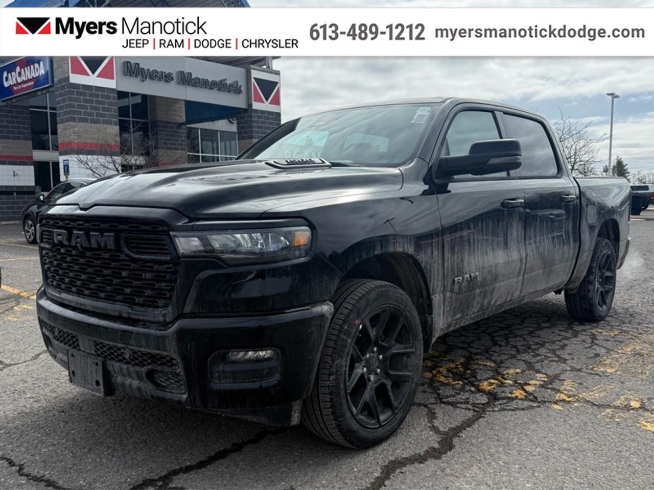<b>Sunroof, Night Edition, Sport Performance Hood!</b><br> <br> <br> <br>Call 613-489-1212 to speak to our friendly sales staff today, or come by the dealership!<br> <br>The 2026 Ram 1500 delivers exceptional performance, refined comfort, and cutting-edge innovation for every road ahead. <br> <br>The Ram 1500s unmatched luxury transcends traditional pickups without compromising its capability. Loaded with best-in-class features, its easy to see why the Ram 1500 is so popular. With the most towing and hauling capability in a Ram 1500, as well as improved efficiency and exceptional capability, this truck has the grit to take on any task.<br> <br>This Diamond Black Crystal Pearlcoat Crew Cab 4X4 pickup has an Automatic transmission and is powered by a 420HP 3.0L Straight 6 Cylinder Engine. <br> <br> Our 1500s trim level is Sport. This Ram 1500 in Sport trim rewards you with front heated seats, a leather-wrapped heated steering wheel, a 360 camera system, a 10-speaker Alpine audio, and a 12-inch infotainment screen with inbuilt navigation, Apple CarPlay and Android Auto, and 4G LTE Wi-Fi hotspot. Additional features include class IV towing equipment, aluminum wheels, power adjustable pedals, intersection collision assist, evasion assist, lane keep assist with lane departure warning, and even more! This vehicle has been upgraded with the following features: Sunroof, Night Edition, Sport Performance Hood.<br><br> View the original window sticker for this vehicle with this url <b><a href=http://www.chrysler.com/hostd/windowsticker/getWindowStickerPdf.do?vin=3C6SRFVPXT4165358 target=_blank>http://www.chrysler.com/hostd/windowsticker/getWindowStickerPdf.do?vin=3C6SRFVPXT4165358</a></b>.<br> <br>To apply right now for financing use this link: <a href=https://CreditOnline.dealertrack.ca/Web/Default.aspx?Token=3206df1a-492e-4453-9f18-918b5245c510&Lang=en target=_blank>https://CreditOnline.dealertrack.ca/Web/Default.aspx?Token=3206df1a-492e-4453-9f18-918b5245c510&Lang=en</a><br><br> <br/> Total  rebate of $8250 is reflected in the price.  <br> Buy this vehicle now for the lowest weekly payment of <b>$250.14</b> with $0 down for 96 months @ 5.29% APR O.A.C. ( Plus applicable taxes -  $1199  fees included in price **Rebates may not be applicable on all purchase types [cash, lease, or finance]. Eligibility and conditions may vary. Please see dealer for full details and confirmation of eligibility.    ).  Incentives expire 2026-06-01.  See dealer for details. <br> <br>If youre looking for a Dodge, Ram, Jeep, and Chrysler dealership in Ottawa that always goes above and beyond for you, visit Myers Manotick Dodge today! Were more than just great cars. We provide the kind of world-class Dodge service experience near Kanata that will make you a Myers customer for life. And with fabulous perks like extended service hours, our 30-day tire price guarantee, the Myers No Charge Engine/Transmission for Life program, and complimentary shuttle service, its no wonder were a top choice for drivers everywhere. Get more with Myers!<br> Come by and check out our fleet of 30+ used cars and trucks and 40+ new cars and trucks for sale in Manotick.  o~o