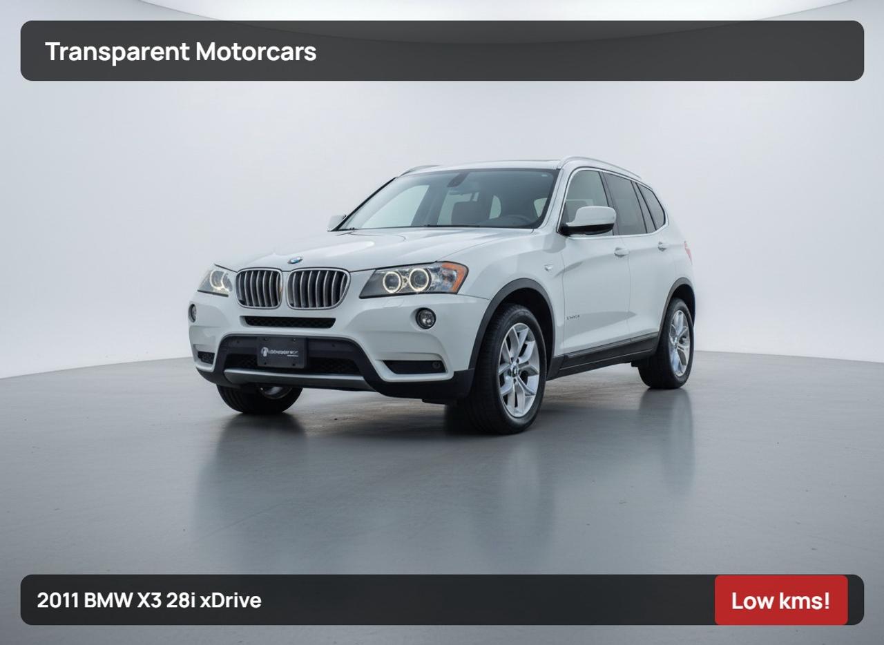 Transparent Motorcars is pleased to offer this beautiful 2011 BMW X3 28i xDrive With Only 48,757kms, Vancouver Local Car, No Accident! It Features 3.0L naturally-aspirated inline-6 engine 240 HPs, 8-speed automatic transmission Layered With All-Wheel-Drive System, Premium PKG, Keyless Entry, Keyless Start, Navigation, Executive PKG, Back-Up Camera, Premium Sound System, Luxury Line , Smokers PKG, Automatic Headlights, Sunroof, HID Headlights, Adaptive LED Brakelights, Heated Steering Wheel, Heated Seats with Memory, Auto-Dimming Rearview Mirror, BMW Ambiance Lighting, Cruise Control, Remote Trunk Release And Much More! <br/> <br/> <br/> Stock# G000183B Dealer # 50276 <br/> <br/> <br/> $995 Documentation Fee <br/> <br/> <br/> 3771 No.3 Road Richmond/4211 No.3 Road Richmond <br/> <br/> <br/> This vehicle has undergone a comprehensive 110-point inspection at our state-of-the-art service facility, covering: Powertrain, Suspension, Tire Tread Depth ,Brake Condition ,All Electrical Components <br/> <br/> <br/> *Each vehicle comes with a limited warranty for your peace of mind. <br/> <br/> <br/> *Free, full CARFAX Vehicle History Report available upon request. <br/> <br/> <br/> *We are a 5-star rated Google dealership, trusted by our customers. <br/> <br/> <br/> *Thousands of satisfied customers  we invite you to join our automotive family! <br/> <br/> <br/> *Complimentary pick-up service from the airport, ferry terminal, or SkyTrain station is available. <br/> <br/> <br/> *For details on our refund and buyback policy, please contact our team directly. <br/> <br/> <br/> At our dealership, we pride ourselves on building lasting relationships with our customers. Were not just a one-time dealer  we are committed to being your trusted partner for all your vehicle needs, now and in the future. From your initial purchase to ongoing service, we aim to exceed expectations every step of the way. <br/>