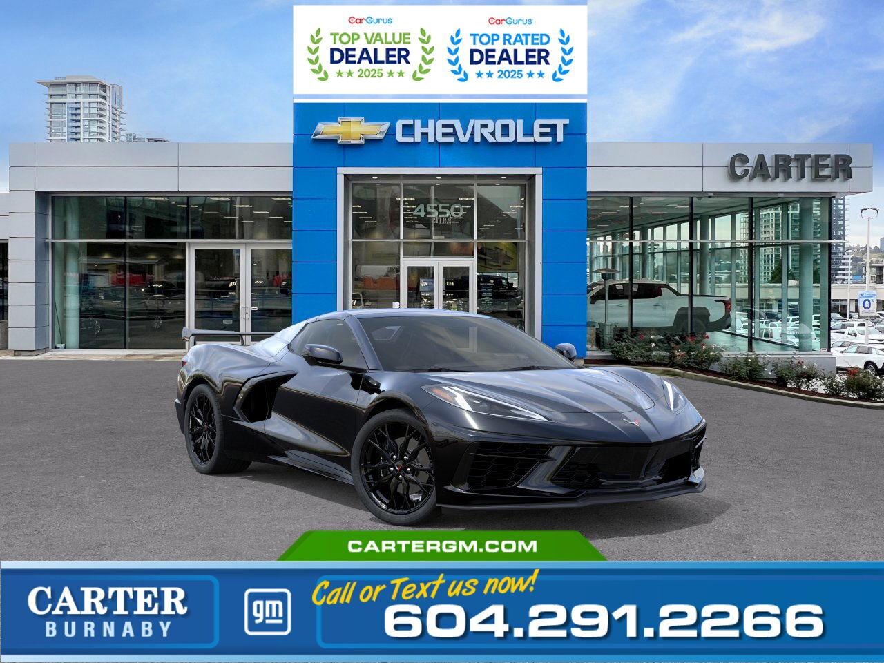 Turn heads with the 2026 Chevrolet Corvette 1LT RWD, powered by a thrilling 6.2L engine and enhanced by a striking Carbon Flash Metallic high wing spoiler. Inside, enjoy premium comfort with 8-way power seats, a leather-wrapped steering wheel, dual-zone climate control, and a Bose 10-speaker audio system. Advanced safety features like Front Pedestrian & Bicyclist Braking and Rear Park Assist add confidence to every drive.   Come take it for a test drive today and experience all this stylish vehicle has to offer!  WHY CARTER GM BURNABY?  - An unrivalled vehicle purchasing experience! - Exceeding our loyal customers expectations since 1963 - 4.5 Google star rating with 2,300+ customer reviews) - CarGurus Top-Rated Dealer 2025 Award - CarGurus Top Value Dealer 2025 Award - Vehicle trades welcome! Best price guaranteed! - We provide upfront pricing, zero hidden fees, and 100% transparency - Fast approvals and 99% acceptance rates (no matter your current credit status!) - Multilingual staff (many languages spoken) - Comfortable non-pressured environment with in-store television, WIFI and a childrens play area! - In-store restaurant: fresh daily menu        Were here to help you drive the vehicle you want, the vehicle you deserve! QUESTIONS? GREAT! WEVE GOT ANSWERS! To speak with a friendly vehicle specialist - CALL NOW! The advertised price includes all standard dealer fees and any applicable manufacturer or dealer incentives. It does not include applicable taxes, licensing, insurance, or optional products or services. Dealer fees will be clearly broken out and itemized on the bill of sale, maximum total of fees $595.00. Prices are shown in Canadian dollars. While we make every effort to ensure accuracy, vehicle details, pricing, options, and availability are subject to change without notice. Please confirm all information with dealership sales management before purchase. Dealer Code: 81129