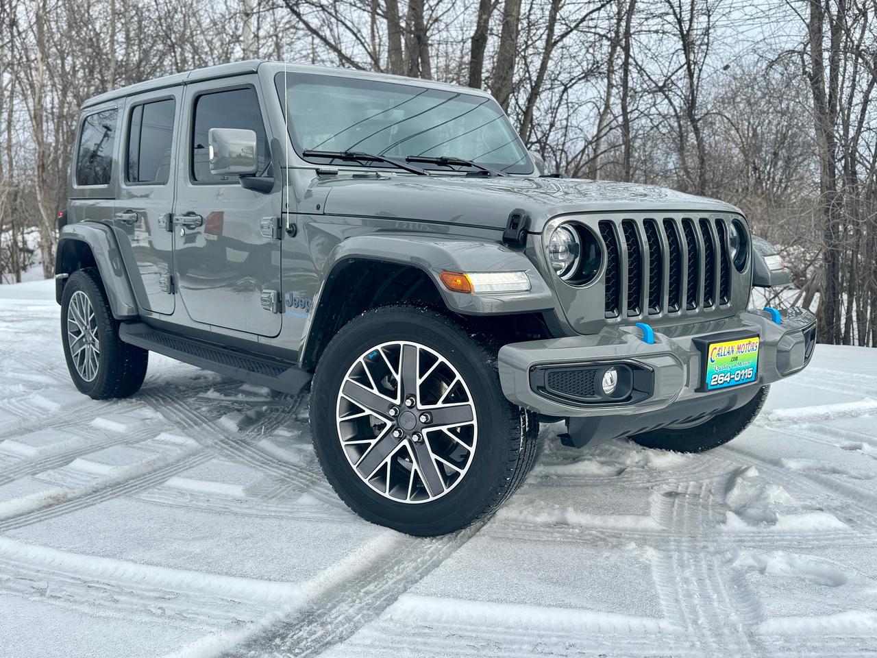 <p>2023 Jeep Wrangler 4xe High Altitude, plug-in hybrid with 375 horsepower and 470 lb-ft torque, 2.0L turbo PHEV engine, 8-speed automatic, Selec-Trac full-time 4x4, Sting Grey on white/grey leather interior, High Altitude package with 20-inch painted wheels and full body-colour styling, dual top group with colour-matched hardtop and premium Sunrider soft top, navigation with 8.4-inch touchscreen, Apple CarPlay, Android Auto, Alpine premium audio, heated seats and heated steering wheel, remote start, blind spot monitoring, rear cross path detection, park assist, backup camera, LED lighting group, proximity keyless entry, push button start, dual zone climate control, off-road pages with Selec-Speed control, trailer tow package with hitch and wiring, auxiliary switches, side steps, skid plates, 115V outlet, garage door opener, efficient plug-in hybrid with electric driving capability and fast charging, fully loaded High Altitude, rare spec, no compromises.</p><p>Drive away today for as little as $381 bi-weekly with $0 down for 84 months at 8.99%, OAC. (Includes taxes and applicable fees. Total obligation: $51,403.47 + interest. All loans are open with no early payment penalties.) If you&rsquo;re working with a budget or rebuilding credit, we have flexible options to help you get approved&mdash;just reach out and we&rsquo;ll walk you through everything.</p><p>At Callan Motors, all our vehicles come certified in Ontario unless otherwise noted. Every car receives a full mechanical inspection so you can drive with confidence. Plus, we stand behind our work with a 30-Day / 1,000-KM in-house warranty on repairs completed for certification or while in our inventory.</p><p>We&rsquo;ve proudly served Perth and the surrounding area for over 32 years, offering reliable vehicles at fair prices. We keep our prices competitive&mdash;often below market&mdash;and update them regularly so you know you&rsquo;re getting solid value. Our team is available 7 days a week to answer any questions online or in person Monday through Saturday.</p><p>* Additional costs may include: HST, OMVIC / Carfax / Document ($299) and Licensing ($125).Each deal is different, any additional fee(s) or bank financing fee(s) will be explained during your visit to the dealership.</p>