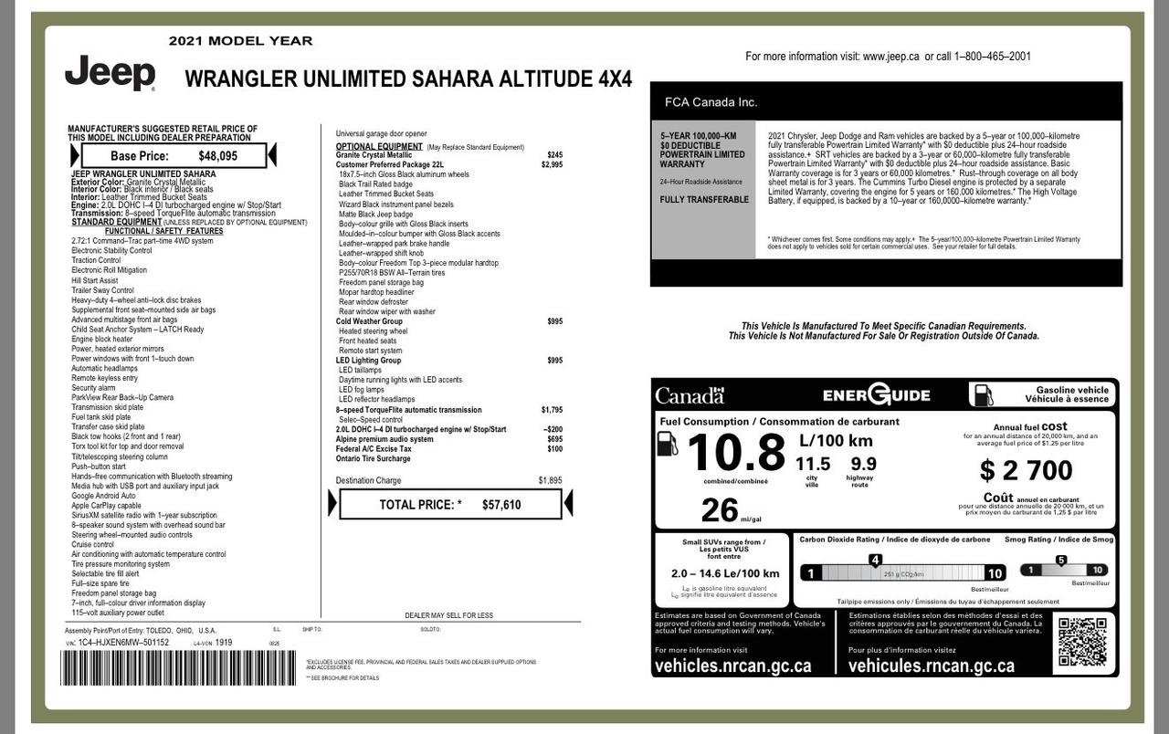 2021 Jeep Wrangler Unlimited Altitude 2.0L Leather Navigation LED Photo