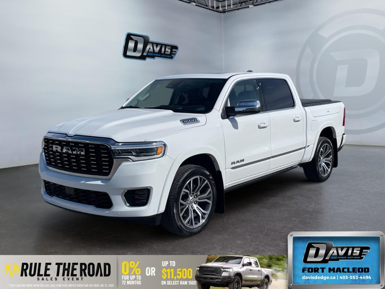 <p><strong>2026 Ram 1500 Tungsten 4x4 Crew Cab 5'7" Box</strong></p><p>This stunning white powerhouse offers unmatched performance with its robust 4x4 drivetrain, designed to dominate any terrain.</p><p><strong>Exterior Features:</strong></p><ul><li>Bright White exterior that's bound to turn heads</li><li>Alloy wheels for a rugged yet stylish look</li><li>Running boards for easier entry and exit</li><li>Parking sensors to aid in spot-on parking</li></ul><p><strong>Interior Features:</strong></p><ul><li>Luxurious black premium leather bucket seats providing comfort and style</li><li>Massage seats for enhanced relaxation on the go</li><li>Heated and cooled front and rear seats</li><li>Sunroof / moonroof for an airy feel and stunning views</li></ul><p><strong>Technology & Safety Features:</strong></p><ul><li>23-speaker Klipsch sound system for an unmatched audio experience</li><li>Advanced navigation system with heads up display</li><li>Adaptive cruise control for smooth, stress-free drives</li><li>Lane assist and brake assist for additional security on the road</li><li>Wi-Fi hotspot to keep you connected at all times</li></ul><p>This Ram 1500 is the perfect companion for adventurous family road trips and rugged work adventures alike. Visit Davis Dodge Fort Macleod and take the next step in making this impressive truck yours. Our team is ready to assist you in exploring further details and arranging a test drive.</p>