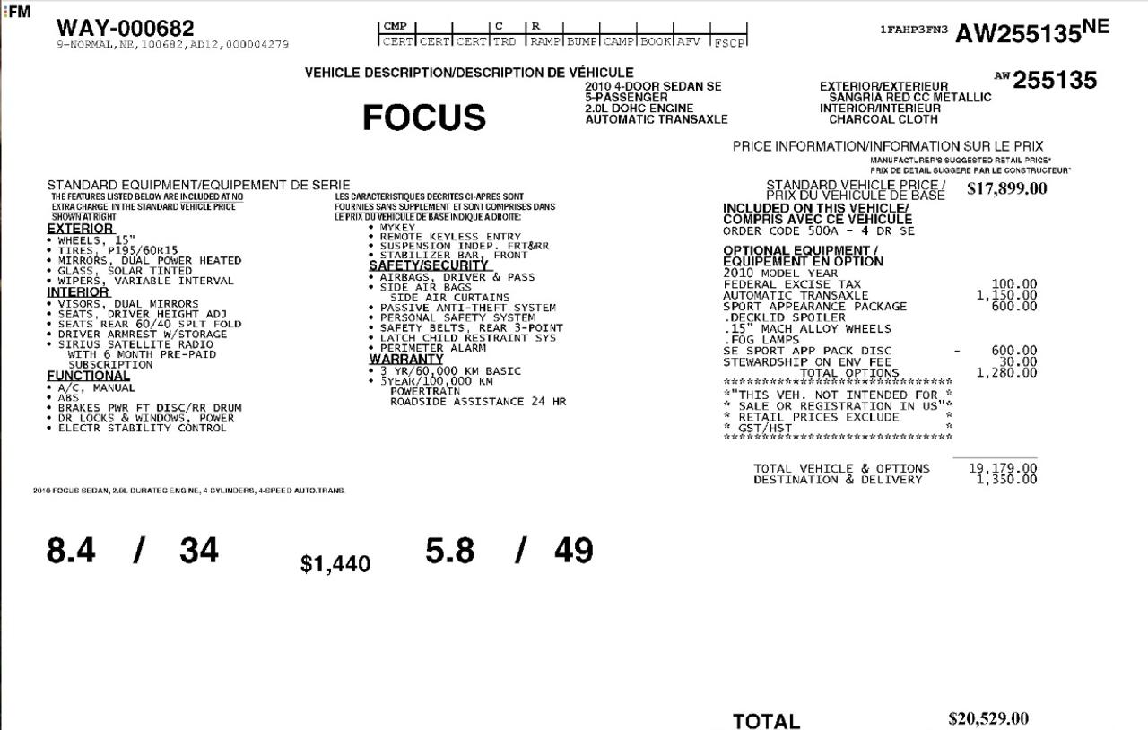 2010 Ford Focus SANGRIA RED METALLIC | CHARCOAL BLACK CLOTH SEAT TRIM | 2.0L DOHC I4 DURATEC ENG | 4-SPEED A/T W/OD Photo