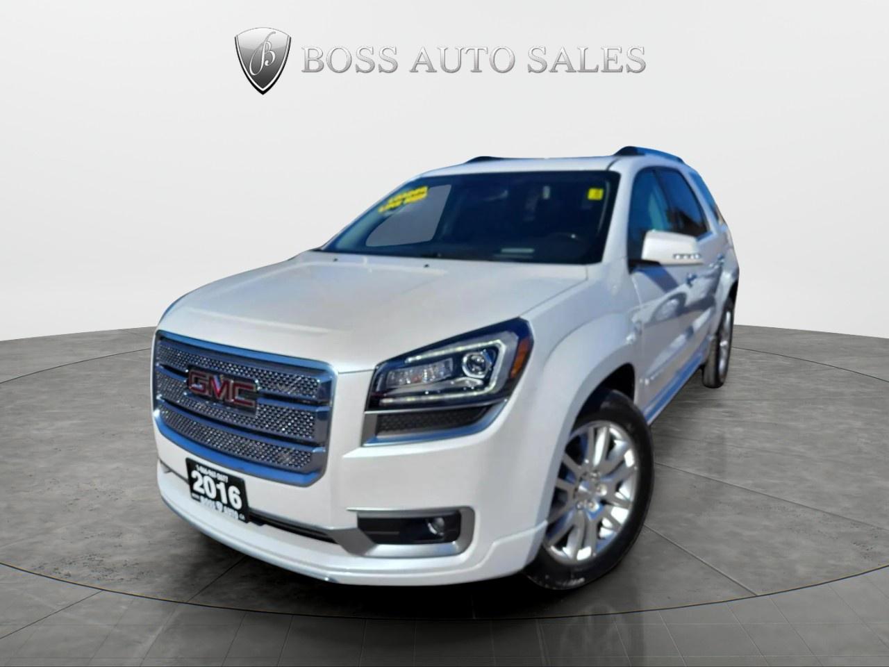 <p>Introducing the 2016 GMC Acadia AWD Denali in a pristine white finish. This SUV boasts an all-wheel drive system that effortlessly handles various road conditions, giving you the confidence and control you need, whether youre on a highway or countryside trails.</p><p>The Acadia Denali shines with its sophisticated and commanding exterior profile, matched with a luxurious black leather interior. Not just about looks, this vehicle is packed with high-end features like heated mirrors and a heated steering wheel, designed to provide comfort and convenience for all journeys.</p><p>Stay connected and safe with the advanced technology on board. The sophisticated navigation system keeps you on the right path, while the heads-up display and lane assist ensure youre focused on the road. The backup camera and parking sensors make maneuvering a breeze, and the smart device integration paired with a Wi-Fi hotspot keeps everyone entertained. Enjoy the view with the impressive sunroof, and stay pampered with the heated and cooled seats, no matter the season.</p><p>Perfectly suited for families and professionals who value luxury and reliability, the GMC Acadia AWD Denali is a statement of style and practicality. Experience the elevation in your driving comfort and capabilities. Contact us today for more information and to arrange your test drive!</p>