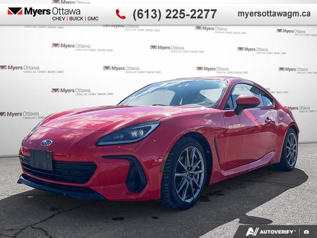 Compare at $27582 - Myers Cadillac is just $26779! <br> <br>ULTRA LOW KM, CLEAN CARFAX, CERTIFIED!! 2022 SUBARU BRZ MANUAL- RED ON BLACK, UPGRADED EXHAUST, COMES WITH ORIGINAL AS WELL. OTHERWISE ALL STOCK, REAR CAMERA, HEATED SEATS, ALLOY WHEELS, CERTIFIED, NO ADMIN FEES, MATURE PREVIOUS OWNER- **NEVER TRACKED, NEVER RACED, DAILY DRIVER FROM PREVIOUS OWNER**<br> <br>To apply right now for financing use this link: <a href=https://creditonline.dealertrack.ca/Web/Default.aspx?Token=b35bf617-8dfe-4a3a-b6ae-b4e858efb71d&Lang=en target=_blank>https://creditonline.dealertrack.ca/Web/Default.aspx?Token=b35bf617-8dfe-4a3a-b6ae-b4e858efb71d&Lang=en</a><br><br> <br/><br>All prices include Admin fee and Etching Registration, applicable Taxes and licensing fees are extra.<br>*LIFETIME ENGINE TRANSMISSION WARRANTY NOT AVAILABLE ON VEHICLES WITH KMS EXCEEDING 140,000KM, VEHICLES 8 YEARS & OLDER, OR HIGHLINE BRAND VEHICLE(eg. BMW, INFINITI. CADILLAC, LEXUS...)<br> Come by and check out our fleet of 50+ used cars and trucks and 180+ new cars and trucks for sale in Ottawa.  o~o