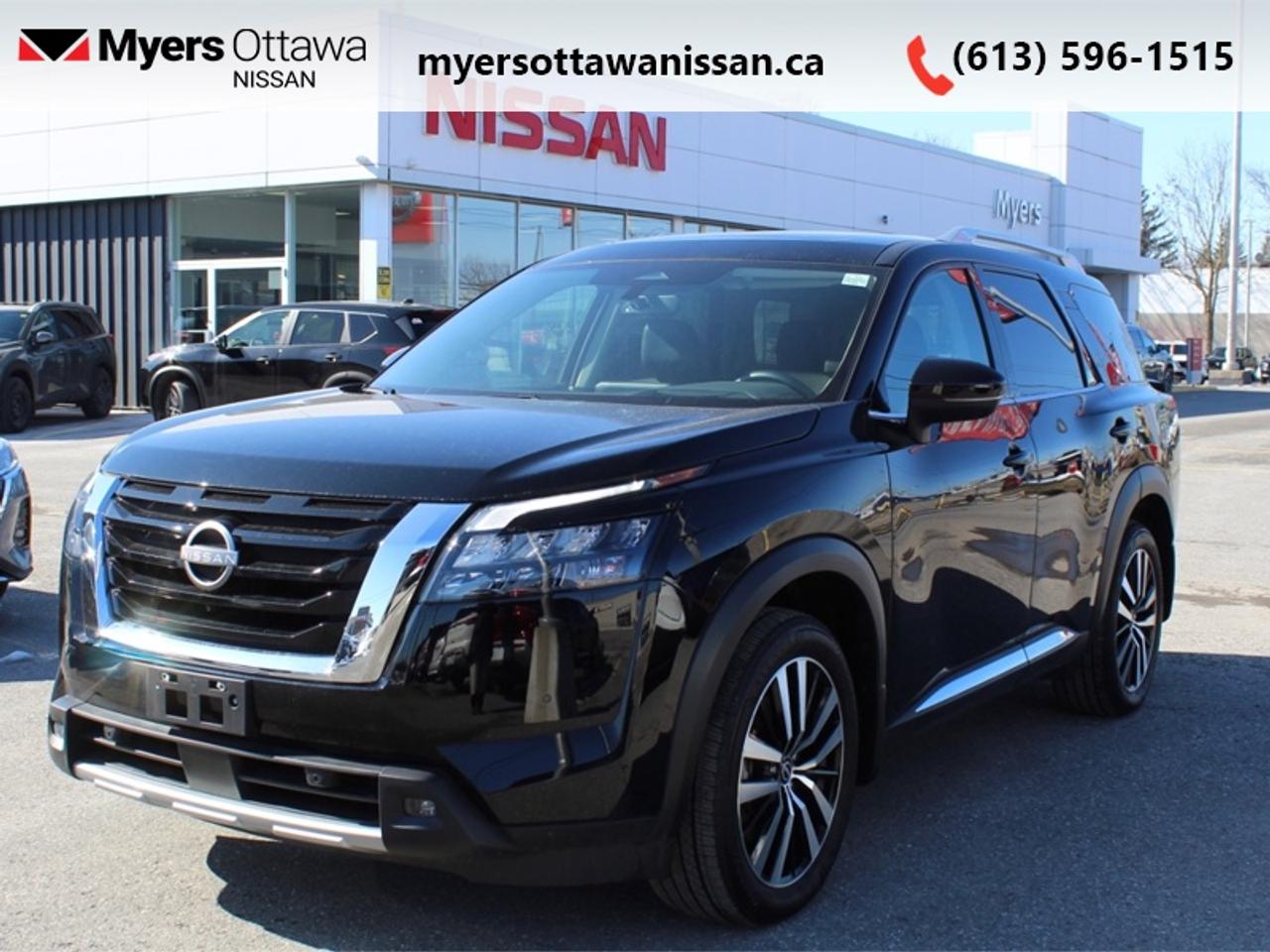 <b>Low Mileage, Cooled Seats,  Bose Premium Audio,  HUD,  Wireless Charging,  Sunroof!</b><br> <br>  Compare at $56595 - Our Price is just $55595! <br> <br>On the highway or the scenic route, this 2025 Nissan Pathfinder does it with style. This 2025 Nissan Pathfinder is fresh on our lot in Ottawa. <br> <br>With all the latest safety features, all the latest innovations for capability, and all the latest connectivity and style features you could want, this 2025 Nissan Pathfinder is ready for every adventure. Whether its the urban cityscape, or the backcountry trail, this 2025 Pathfinder was designed to tackle it with grace. If you have an active family, they deserve all the comfort, style, and capability of the 2025 Nissan Pathfinder. This low mileage SUV has just 11,784 km. Its Super Black in colour and is completely accident free based on the <a href=https://vhr.carfax.ca/?id=Q2N5aBMcRw+Jj5NS37IwvWoBnbWcwEz+ target=_blank>CARFAX Report</a>. It has an Automatic transmission and is powered by a smooth engine. <br> <br> Our Pathfinders trim level is Platinum. This Pathfinder Platinum trim adds top of the line comfort features such as a heads-up display, Bose Premium Audio System, wireless Apple CarPlay and Android Auto, heated and cooled quilted leather trimmed seats, and heated second row captains chairs. This family SUV is ready for the city or the trail with modern features such as NissanConnect with navigation, touchscreen, and voice command, Apple CarPlay and Android Auto, paddle shifters, Class III towing equipment with hitch sway control, automatic locking hubs, a 120V outlet, alloy wheels, automatic LED headlamps, and fog lamps. Keep your family safe and comfortable with a heated leather steering wheel, driver memory settings, a dual row sunroof, a proximity key with proximity cargo access, smart device remote start, power liftgate, collision mitigation, lane keep assist, blind spot intervention, front and rear parking sensors, and a 360-degree camera. This vehicle has been upgraded with the following features: Cooled Seats, Bose Premium Audio, HUD, Wireless Charging, Sunroof, Navigation, Heated Seats.<br> <br>To apply right now for financing use this link: <a href=https://www.myersottawanissan.ca/finance target=_blank>https://www.myersottawanissan.ca/finance</a><br><br> <br/><br>Get the amazing benefits of a Nissan Certified Pre-Owned vehicle!!! Save thousands of dollars and get a pre-owned vehicle that has factory warranty, 24 hour roadside assistance and rates as low as 0.9%!!! <br>*LIFETIME ENGINE TRANSMISSION WARRANTY NOT AVAILABLE ON VEHICLES WITH KMS EXCEEDING 140,000KM, VEHICLES 8 YEARS & OLDER, OR HIGHLINE BRAND VEHICLE(eg. BMW, INFINITI. CADILLAC, LEXUS...)<br> Come by and check out our fleet of 30+ used cars and trucks and 80+ new cars and trucks for sale in Ottawa.  o~o
