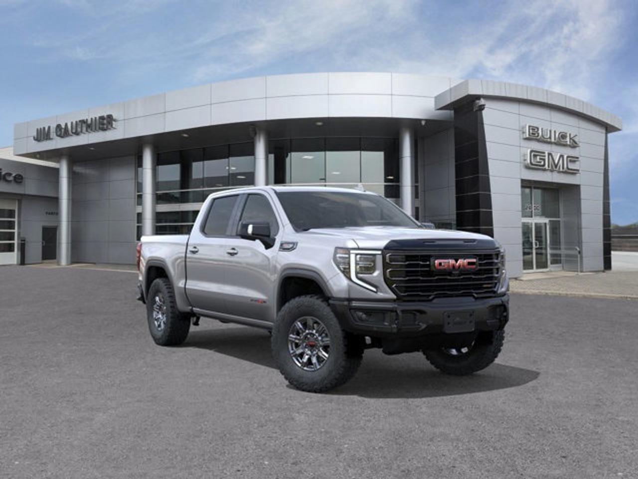 The 2026 GMC Sierra 1500 AT4X is a premium off-road-focused pickup that combines rugged capability with advanced engineering. Features front and rear electronic locking differentials, Multimatic DSSV dampers, and a factory-installed suspension lift for superior performance on challenging terrain. Its equipped with a 6.2L V8, along with impressive towing capability and specialized off-road hardware like skid plates and an AEV steel front bumper with winch capability. Inside, the AT4X delivers a high-end experience with full-grain leather seating, 16-way power heated and ventilated seats with massage, and advanced technology including a 13.4-inch infotainment system with Google built-in and a 12.3-inch digital driver display.