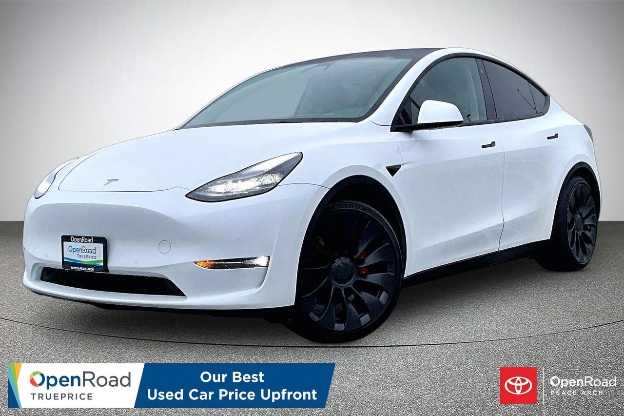 The 2022 Tesla Model Y Performance is a high-performance electric SUV designed for speed and practicality, featuring dual-motor all-wheel drive with rapid acceleration from 0&ndash;100 km/h in about 3.5 seconds, along with a lowered suspension, performance brakes, and 21-inch wheels for enhanced handling, while the interior offers a minimalist design centred around a 15-inch touchscreen with navigation, wireless charging, and over-the-air updates, complemented by heated seats and a panoramic glass roof for comfort, and it includes advanced safety systems, standard driver assistance, and delivers an estimated driving range of approximately 480 kilometres, making it a strong blend of efficiency, technology, and everyday usability.  Have confidence with your OpenRoad purchase! Every OpenRoad Certified Pre-Owned vehicle comes fully reconditioned and complete with a comprehensive 153 point mechanical inspection, a CarFax history & lien report, a 3-Day Money Back Guarantee, a 30-Day/2,000 kms Exchange Policy, a 90-Day/5,000 kms Powertrain Warranty, guaranteed clear title, and membership to our exclusive Club OpenRoad! As a proud member of the OpenRoad Auto Group, a trusted name since 2000 serving the Lower mainland (including White Rock, Surrey, Langley, Maple Ridge, Delta, Richmond, Mission and beyond) with outstanding Toyota vehicles, Toyota parts, and Toyota service since 1966! OpenRoad Toyota Peace Arch is a &ldquo;True Price&rdquo; dealer, meaning no inflated prices, and no need for back and forth haggling! We use up to the minute technology offering LIVE MARKET VALUE PRICING to ensure you are receiving the most competitive price possible on all of our Pre-Owned vehicles!  All advertised vehicle prices do not include our $699 documentation fee.