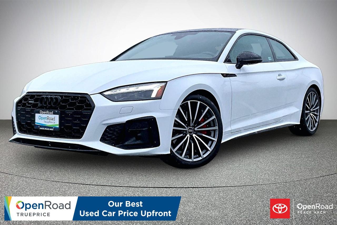 The 2023 Audi A5 45 TFSI quattro Coupe delivers a refined balance of performance and luxury. It uses a turbocharged 2.0 litre four cylinder engine producing 261 horsepower and 370 Nm of torque, paired with a 7 speed S tronic dual clutch transmission and quattro all wheel drive for confident traction. Acceleration from 0&ndash;100 km/h takes about 5.6 seconds, with fuel economy near 8.7 L/100 km combined. The cabin features leather upholstery, heated front seats and steering wheel, ambient lighting, and a panoramic sunroof. Technology includes a 10.1 inch touchscreen, navigation, Apple CarPlay, Android Auto, wireless charging, Audi virtual cockpit, and premium Bang and Olufsen sound. Safety systems include adaptive cruise control, lane assist, blind spot monitoring, forward collision warning, and a surround view camera.  Have confidence with your OpenRoad purchase! Every OpenRoad Certified Pre-Owned vehicle comes fully reconditioned and complete with a comprehensive 153 point mechanical inspection, a CarFax history & lien report, a 3-Day Money Back Guarantee, a 30-Day/2,000 kms Exchange Policy, a 90-Day/5,000 kms Powertrain Warranty, guaranteed clear title, and membership to our exclusive Club OpenRoad! As a proud member of the OpenRoad Auto Group, a trusted name since 2000 serving the Lower mainland (including White Rock, Surrey, Langley, Maple Ridge, Delta, Richmond, Mission and beyond) with outstanding Toyota vehicles, Toyota parts, and Toyota service since 1966! OpenRoad Toyota Peace Arch is a &ldquo;True Price&rdquo; dealer, meaning no inflated prices, and no need for back and forth haggling! We use up to the minute technology offering LIVE MARKET VALUE PRICING to ensure you are receiving the most competitive price possible on all of our Pre-Owned vehicles!  All advertised vehicle prices do not include our $699 documentation fee.