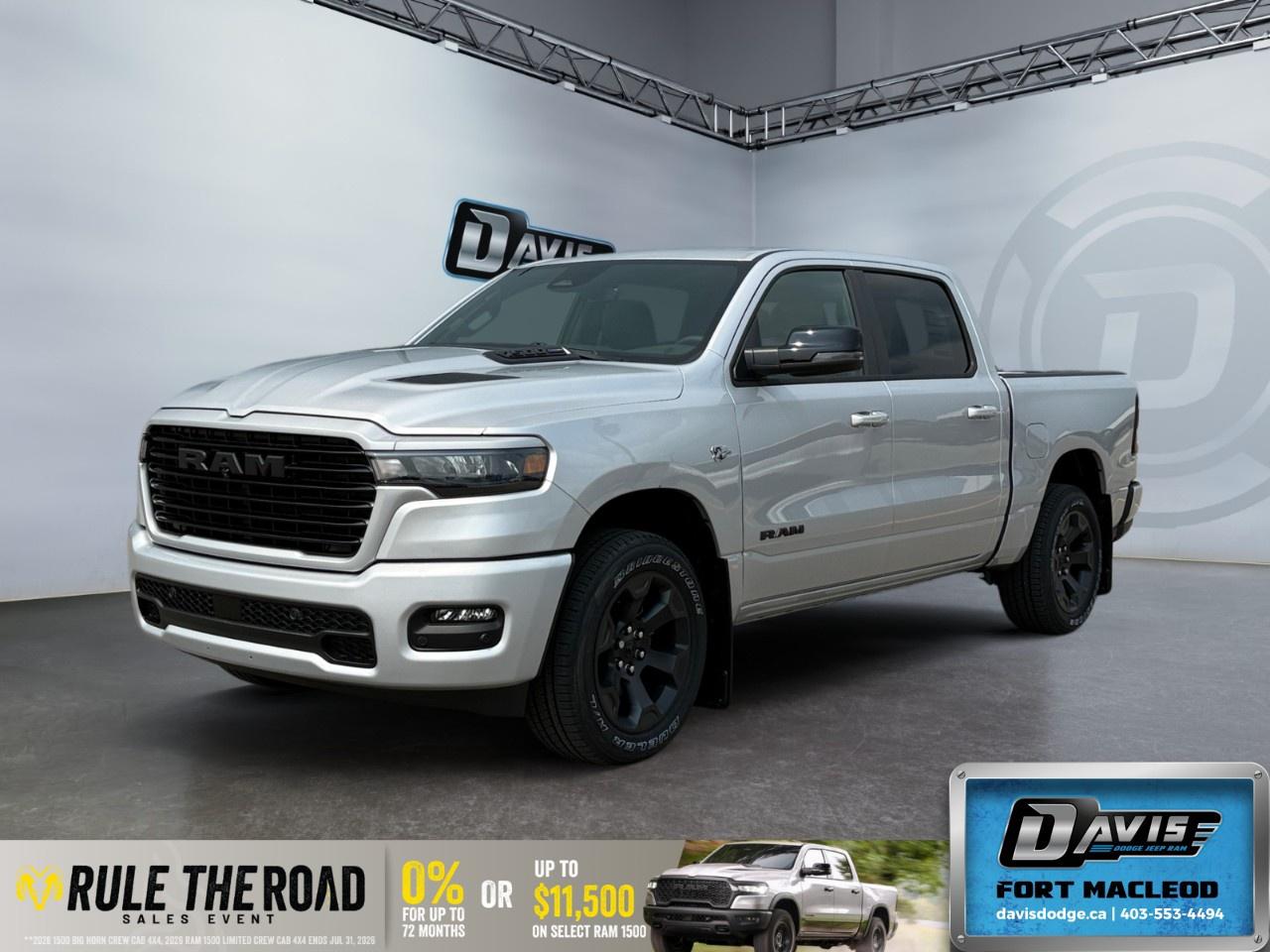 <p><strong>2026 Ram 1500 Sport</strong>: Command the road with style in this stunning silver 4x4 truck. Designed for both performance and comfort, this new Ram 1500 Sport 4x4 Crew Cab 5'7" Box is ready to tackle any terrain with confidence.</p> <p><strong>Interior Features:</strong></p> <ul><li>Luxurious black interior for a sophisticated look</li><li>Heated front seats and heated steering wheel for those chilly days</li><li>Leather-wrapped steering wheel enhancing the driving experience</li><li>Power seats and windows ensuring personalized comfort and convenience</li><li>Smart device integration to keep you connected on the go</li></ul> <p><strong>Exterior Features:</strong></p> <ul><li>Distinctive silver finish that catches every eye</li><li>Alloy wheels matching the rugged elegance of the truck</li><li>Trailer brake control for enhanced towing capability</li><li>Heated mirrors for superior visibility in all weather</li></ul> <p><strong>Technology & Safety Features:</strong></p> <ul><li>Advanced safety with lane assist and parking sensors</li><li>Backup camera providing peace of mind when reversing</li><li>Adaptive cruise control for stress-free long-distance driving</li><li>Navigation system to guide you on every adventure</li><li>Wi-Fi hotspot and satellite radio keeping you entertained and connected</li></ul> <p>Perfect for those who seek both power and luxury in a truck, the 2026 Ram 1500 Sport 4x4 is built for the adventurous driver who values technology and comfort. Contact Davis Dodge Fort Macleod today to further explore this exceptional vehicle and take the next step towards ownership.</p>