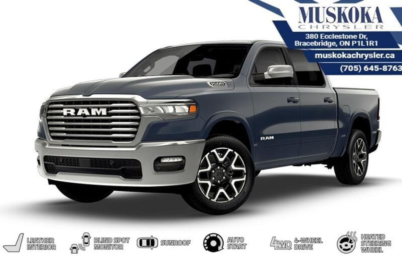 This RAM 1500 Laramie, with a 5.7L HEMI V-8 engine engine, features a 8-speed automatic transmission, and generates 20 highway/16 city L/100km. Find this vehicle with only 0 kilometers!  RAM 1500 Laramie Options: This RAM 1500 Laramie offers a multitude of options. Technology options include: GPS Navigation, SiriusXM Radio Service, Voice Recorder, 2 LCD Monitors In The Front, HD Radio.  Safety options include Airbag Occupancy Sensor, Curtain 1st And 2nd Row Airbags, Dual Stage Driver And Passenger Front Airbags, Dual Stage Driver And Passenger Seat-Mounted Side Airbags, ParkSense Front And Rear Parking Sensors.  Visit Us: Find this RAM 1500 Laramie at Muskoka Chrysler today. We are conveniently located at 380 Ecclestone Dr Bracebridge ON P1L1R1. Muskoka Chrysler has been serving our local community for over 40 years. We take pride in giving back to the community while providing the best customer service. We appreciate each and opportunity we have to serve you, not as a customer but as a friend