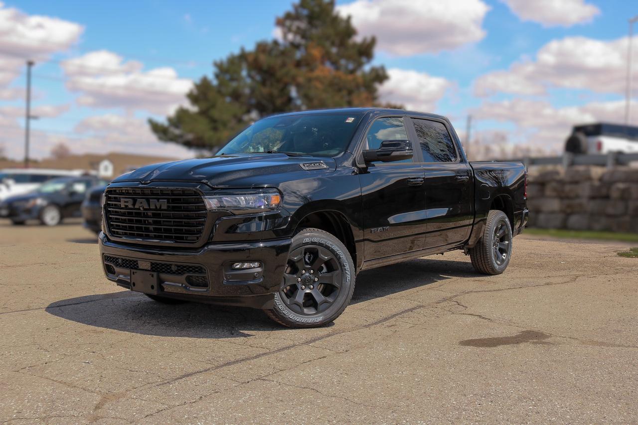 Bold and refined, our New 2026 RAM 1500 Sport Crew Cab 4X4 in Diamond Black Crystal Pearl delivers stylish strength that stands out anywhere. Motivated by a Twin-TurboCharged 3.0 Litre Hurricane 6 Cylinder generating 420hp for an 8 Speed Automatic transmission. This Four Wheel Drive truck loves to tow and haul with that setup, and it achieves approximately 9.7L/100km on the highway. Dynamic exterior details include LED lighting, fog lamps, 20-inch black alloy wheels, a damped tailgate, a panoramic sunroof, and heated power-folding mirrors.  Our Sport cabin is specially crafted for active owners who prefer features like heated cloth front seats, 12-way power for the driver, a leather-wrapped steering wheel, dual-zone automatic climate control, power-adjustable pedals, remote start, keyless access/ignition, a powered rear window, and top-shelf technologies. The Uconnect&reg; infotainment system bundles a 12-inch touchscreen, a 12-inch driver display, full-colour navigation, voice recognition, Apple CarPlay&reg;, Android Auto&reg;, Bluetooth&reg;, and 10-speaker audio.  RAM encourages safer trucking with automatic braking, forward collision warning, a surround-view camera system, trailer-compatible blind-spot monitoring, rear cross-traffic alert, trailer-sway damping, electronic stability/traction control, hill start assist, and more. Committed to truck leadership, our 1500 Sport is a compelling choice! Save this Page and Call for Availability. We Know You Will Enjoy Your Test Drive Towards Ownership!