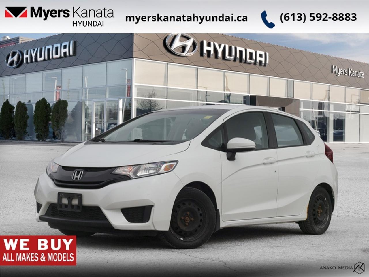 <b>Bluetooth,  Heated Seats,  Touch Screen,  Air Conditioning,  Cruise Control!</b><br> <br> A flexible interior, an efficient powertrain, and agreeable pricing make the Fit an easy recommendation, says Car and Driver This 2017 Honda Fit is fresh on our lot in Kanata. <br> <br>You could say that the Fit is synonymous with fun. Its fun to drive, full of fun tech features, and has room for fun when youre riding with four of your friends. Plus, its even fun to park. All those small spots will suddenly feel bigger. Add in Honda-tuned handling and this is a ride youll want to share. Plus, with impressive fuel economy ratings and Hondas legendary safety features, the Fit has a good head on its shoulders. This hatchback has 106,597 km. Its nice in colour and is completely accident free based on the <a href=https://vhr.carfax.ca/?id=1zfglWxEpcvUM1uDcyAxtouxE9xPhI64 target=_blank>CARFAX Report</a>. It has a Manual transmission and is powered by a 130HP 1.5L 4 Cylinder Engine. <br> <br> Our Fits trim level is LX. The mid-range LX is all about comfort. Features include a display audio system with a 7 inch touchscreen, Bluetooth, a backup camera, traction control, air conditioning, cruise control, body coloured exterior trim, a rear spoiler, heated front seats, and much more. This vehicle has been upgraded with the following features: Bluetooth, Heated Seats, Touch Screen, Air Conditioning, Cruise Control.<br> <br>To apply right now for financing use this link: <a href=https://www.myerskanatahyundai.com/finance/ target=_blank>https://www.myerskanatahyundai.com/finance/</a><br><br> <br/><br> Buy this vehicle now for the lowest weekly payment of <b>$50.70</b> with $0 down for 84 months @ 8.99% APR O.A.C. ( Plus applicable taxes -  and licensing fees   ).  See dealer for details. <br> <br>Smart buyers buy at Myers where all cars come Myers Certified including a 1 year tire and road hazard warranty (some conditions apply, see dealer for full details.)<br> <br>This vehicle is located at Myers Kanata Hyundai 400-2500 Palladium Dr Kanata, Ontario.<br>*LIFETIME ENGINE TRANSMISSION WARRANTY NOT AVAILABLE ON VEHICLES WITH KMS EXCEEDING 140,000KM, VEHICLES 8 YEARS & OLDER, OR HIGHLINE BRAND VEHICLE(eg. BMW, INFINITI. CADILLAC, LEXUS...)<br> Come by and check out our fleet of 50+ used cars and trucks and 220+ new cars and trucks for sale in Kanata.  o~o