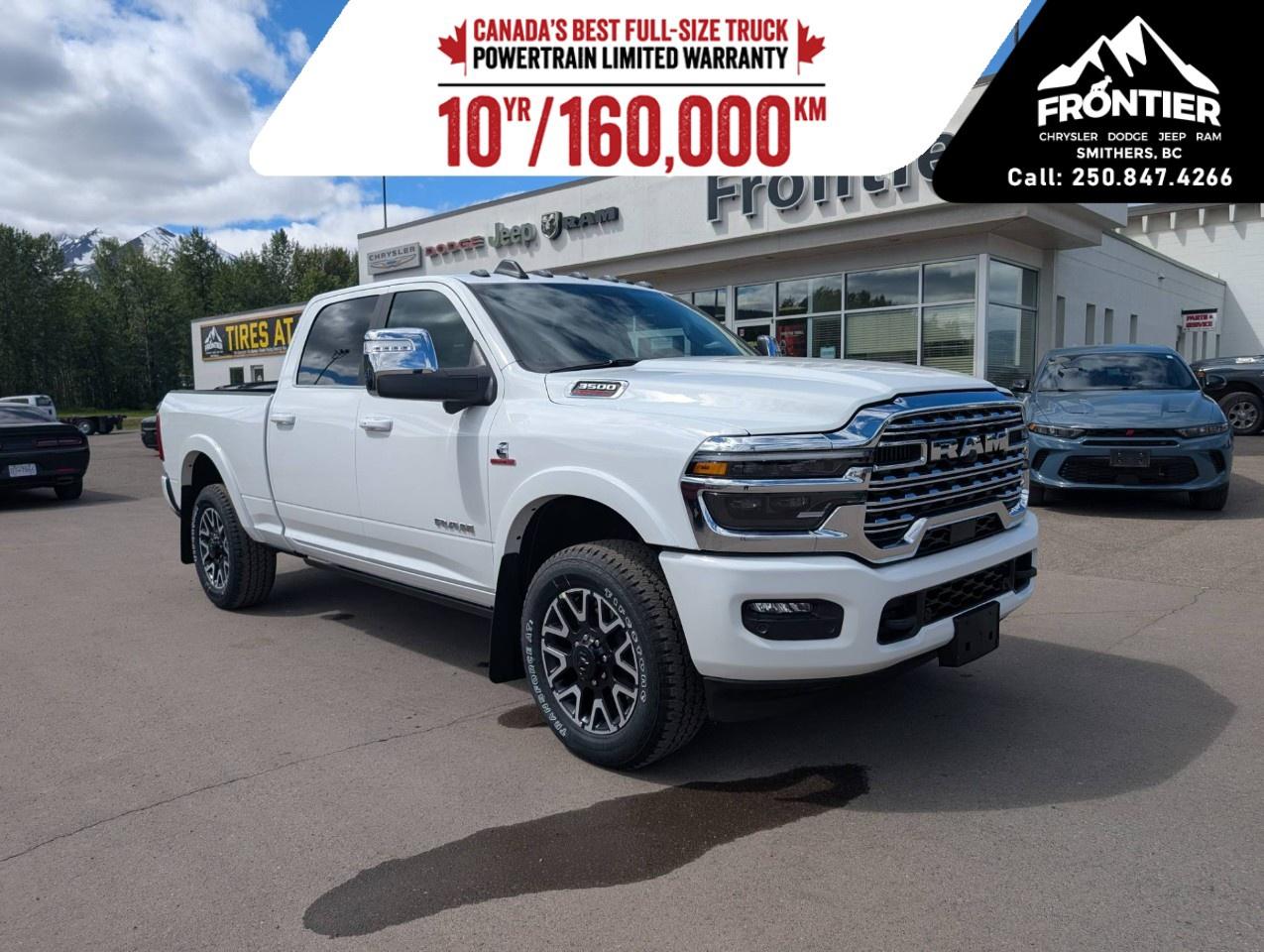 <p>The 2026 Ram 3500 Limited Longhorn 4x4 is where heavy-duty capability meets premium western-inspired luxury.</p><p>Powered by the renowned <strong>6.7L Cummins® turbocharged diesel engine paired with an automatic transmission</strong>, this truck is built to handle serious towing and hauling with confidence. The <strong>4x4 drivetrain</strong> ensures dependable performance in all road and weather conditions, making it ready for both work and adventure.</p><p>The <strong>Limited Longhorn trim</strong> stands out with its distinctive styling and upscale design, offering a refined take on rugged capability.</p><p>Step inside the Crew Cab and youre welcomed by a high-end interior loaded with features designed for comfort and convenience. Enjoy <strong>heated and cooled seats, navigation system, Bluetooth® connectivity, smart device integration, satellite radio, power seats, power windows, remote start, and a Wi-Fi hotspot</strong>, keeping you connected and comfortable wherever the road takes you.</p><p>Additional features like <strong>running boards</strong> add both style and practicality, while safety and driver-assist technologies such as <strong>backup camera, brake assist, lane assist, parking sensors, cruise control, and keyless entry</strong> help provide peace of mind on every drive.</p><p>With its combination of diesel strength, refined luxury, and advanced technology, the 2026 Ram 3500 Limited Longhorn is built to exceed expectations.</p><p>Please confirm all vehicle details and features with our sales team and start the buying process today at Frontier Chrysler Dodge Jeep Ram Ltd., proudly serving Smithers, BC and surrounding area.</p>