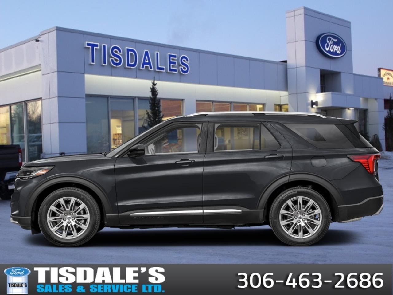 <b>Leather Package!</b><br> <br> <br> <br>Check out the large selection of new Fords at Tisdales today!<br> <br>This 2026 Ford Explorer is comfortable and practical, perfectly suited for you and your family. <br> <br>This Ford Explorer is the ultimate lifestyle vehicle with plenty of style and space for all of your passengers and cargo. It has the hauling capabilities of a midsize SUV combined with strong off-road capabilities. Whether your next family adventure is to the grocery store or over a high mountain pass, the Ford Explorer was built to get you there with ease.<br> <br>This Agate Black Metallic SUV has an Automatic transmission and is powered by a 300HP 2.3L 4 Cylinder Engine. <br> <br> Our Explorers trim level is Platinum. This Explorer Platinum rewards you with a dual-panel sunroof and cooled front seats, as well as BlueCruise 1.2, inbuilt navigation, Bang & Olufsen audio, an aerial view camera system and a heated steering wheel. Also standard include 20 aluminum wheels, FordPass Connect 5G mobile hotspot internet access, adaptive cruise control, smart device remote engine start, and a power liftgate for rear cargo access. On the inside, occupants are treated to leather upholstery, voice-activated dual-zone climate control, and a 13.2-inch infotainment screen with wireless Apple CarPlay and Android Auto. Safety features also include lane keep assist with lane departure warning, collision mitigation, automatic emergency braking, evasion assist, and rear parking sensors. This vehicle has been upgraded with the following features: Leather Package.<br><br> View the original window sticker for this vehicle with this url <b><a href=http://www.windowsticker.forddirect.com/windowsticker.pdf?vin=1FMUK8HH6TGB45989 target=_blank>http://www.windowsticker.forddirect.com/windowsticker.pdf?vin=1FMUK8HH6TGB45989</a></b>.<br> <br>To apply right now for financing use this link: <a href=http://www.tisdales.com/shopping-tools/apply-for-credit.html target=_blank>http://www.tisdales.com/shopping-tools/apply-for-credit.html</a><br><br> <br/> See dealer for details. <br> <br>Tisdales is not your standard dealership. Sales consultants are available to discuss what vehicle would best suit the customer and their lifestyle, and if a certain vehicle isnt readily available on the lot, one will be brought in.<br> Come by and check out our fleet of 20+ used cars and trucks and 70+ new cars and trucks for sale in Kindersley.  o~o