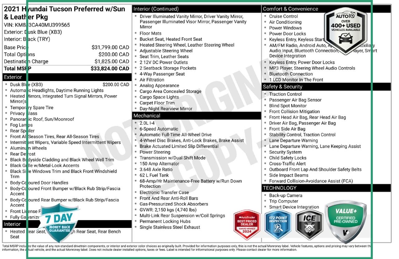 2021 Hyundai Tucson Preferred w/Sun & Leather Package PANORAMIC SUNROOF | HEATED SEATS | HEATED STEERING Photo