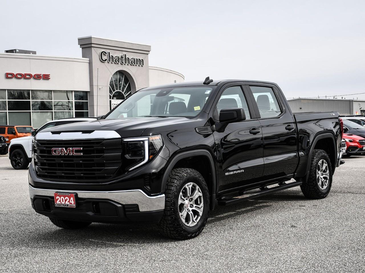 2024 GMC Sierra 1500 4D Crew Cab Pro Onyx Black 10-Speed Automatic, 4WD, Jet Black Vinyl, 1SA Safety Plus Package, 2 Charge/Data USB Ports, 3.23 Rear Axle Ratio, 4-Way Manual Driver Seat Adjuster, 4-Wheel Disc Brakes, 6 Speakers, 6-Speaker Audio System Feature, ABS brakes, Air Conditioning, Apple CarPlay/Android Auto, Auto High-beam Headlights, Auto-Locking Rear Differential, Brake assist, Chrome Mirror Caps, Delay-off headlights, Electronic Stability Control, Following Distance Indicator, Forward Collision Alert, Front 40/20/40 Split-Bench Seat, Front Pedestrian Braking, Fully automatic headlights, GMC Connected Access Capable, Heavy-Duty Air Filter, Hill Descent Control, IntelliBeam Automatic High Beam On/Off, Lane Change Alert w/Side Blind Zone Alert, Lane Keep Assist w/Lane Departure Warning, Off-Road Suspension, Perimeter Lighting, Power Front Windows w/Driver Express Up/Down, Power Front Windows w/Passenger Express Down, Power Rear Windows w/Express Down, Power windows, Premium audio system: GMC Infotainment System, Push Button Start, Radio: GMC Infotainment Audio System, Rear Cross Traffic Braking, Rear step bumper, Remote Keyless Entry, Standard Suspension Package, Traction control, Ultrasonic Front & Rear Park Assist, Wheels: 18''' x 8.5''' 6-Spoke Machined Aluminum, Wireless Apple CarPlay/Wireless Android Auto, X31 Hard Badge, X31 Off-Road Package. 4WD EcoTec3 5.3L V8 10-Speed Automatic<br /><br /><br />Here at Chatham Chrysler, our Financial Services Department is dedicated to offering the service that you deserve. We are experienced with all levels of credit and are looking forward to sitting down with you. Chatham Chrysler Proudly serves customers from London, Ridgetown, Thamesville, Wallaceburg, Chatham, Tilbury, Essex, LaSalle, Amherstburg and Windsor with no distance being ever too far! At Chatham Chrysler, WE CAN DO IT!