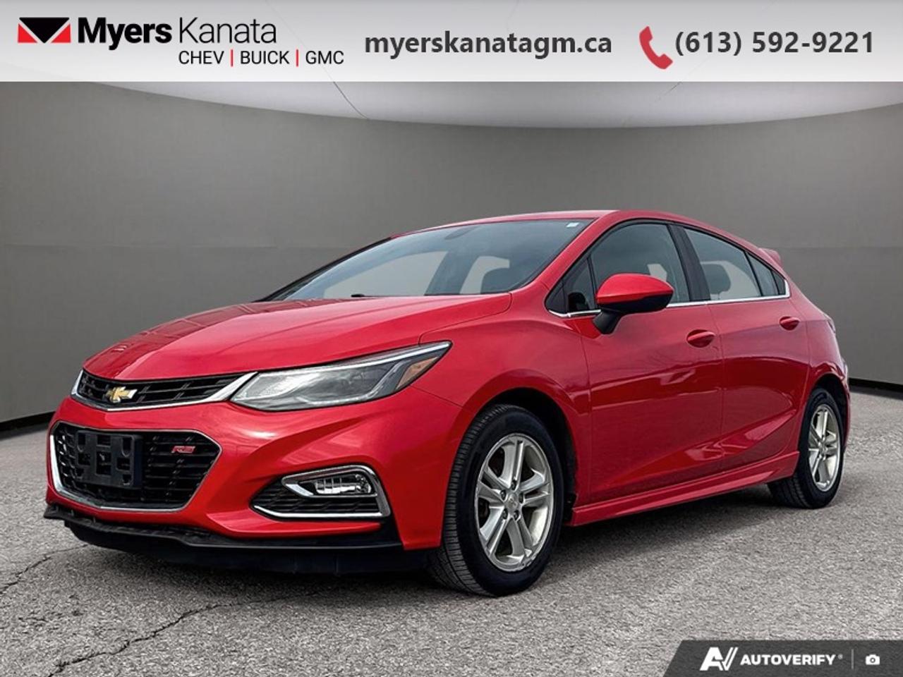 <b>Heated Seats,  Touch Screen,  Rear View Camera,  Bluetooth,  SiriusXM!</b><br> <br> This 2017 Chevrolet Cruze is fresh on our lot in Kanata. <br> <br>Whether youre zipping around city streets or navigating winding roads, the new 2017 Cruze is made to work hard for you. With a unique combination of entertainment technology, remarkable efficiency and advanced safety features, this sporty compact car helps you get where youre going without missing a beat. This hatchback has 131,002 km. Its Red Hot in colour and is completely accident free based on the <a href=https://vhr.carfax.ca/?id=ma8F5EgWpUuT9QDPzWXnR/MRD7Rvmupg target=_blank>CARFAX Report</a>. It has an Automatic transmission and is powered by a smooth engine. <br> <br> Our Cruzes trim level is LT. The LT has numerous convenience and sporty features including aluminum wheels, LED daytime running lights, heated mirrors, a 6 speaker audio system, SiriusXM, heated seats and much, much more. The LT also includes all the features from the Cruze LS, such as touch screen audio, air conditioning, Bluetooth, a rear view camera and plenty more. This vehicle has been upgraded with the following features: Heated Seats, Touch Screen, Rear View Camera, Bluetooth, SiriusXM, Aluminum Wheels.<br> <br>To apply right now for financing use this link: <a href=https://www.myerskanatagm.ca/finance/ target=_blank>https://www.myerskanatagm.ca/finance/</a><br><br> <br/><br>Price is plus HST and licence only.<br> Book a test drive today at myerskanatagm.ca<br>*LIFETIME ENGINE TRANSMISSION WARRANTY NOT AVAILABLE ON VEHICLES WITH KMS EXCEEDING 140,000KM, VEHICLES 8 YEARS & OLDER, OR HIGHLINE BRAND VEHICLE(eg. BMW, INFINITI. CADILLAC, LEXUS...)<br> Come by and check out our fleet of 30+ used cars and trucks and 270+ new cars and trucks for sale in Kanata.  o~o