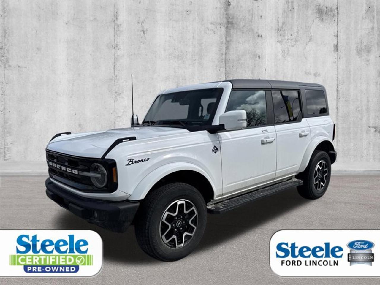 Recent Arrival!Oxford White2023 Ford Bronco Outer Banks4WD 10-Speed Automatic 2.3L EcoBoost I-4VALUE MARKET PRICING!!.ALL CREDIT APPLICATIONS ACCEPTED! ESTABLISH OR REBUILD YOUR CREDIT HERE. APPLY AT https://steeleadvantagefinancing.com/6198 We know that you have high expectations in your car search in Halifax. So if youre in the market for a pre-owned vehicle that undergoes our exclusive inspection protocol, stop by Steele Ford Lincoln. Were confident we have the right vehicle for you. Here at Steele Ford Lincoln, we enjoy the challenge of meeting and exceeding customer expectations in all things automotive.