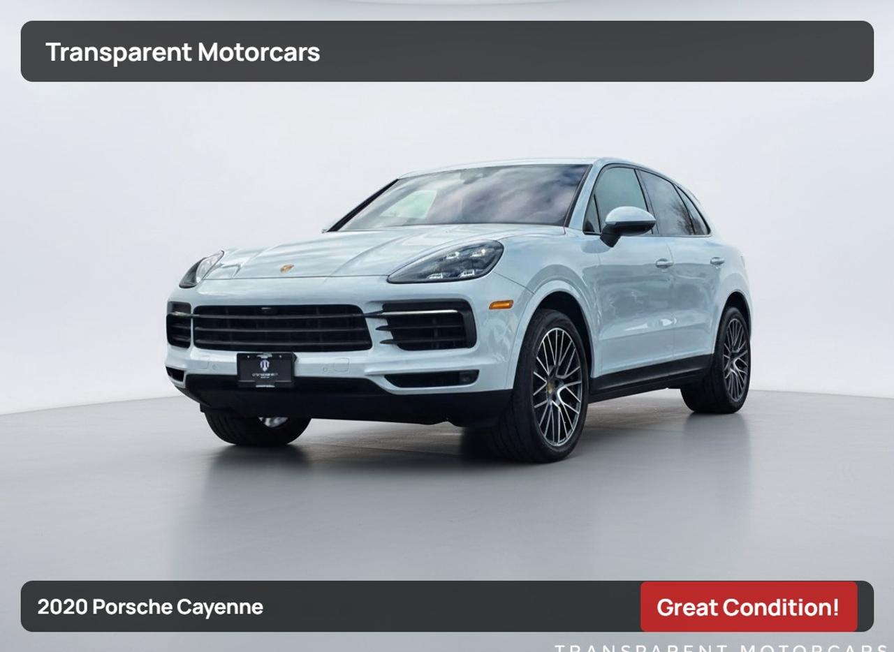 Transparent Motorcars is pleased to offer this Beautiful 2020 Porsche Cayenne With 46,421kms. It Features 340 Horsepower 3.0L V6 Turbo Engine Paired With 8-Speed Shiftable Automatic Transmission Layered With All-Wheel-Drive System, Premium Plus Package, Panoramic Roof System, Lane Change Assist, BOSE Surround Sound System, Comfort Access, 14-Way Power Adjustable Seats With Memory Function, LED-Matrix Headlights Incl. Porsche Dynamic Light System Plus, 21 RS Spyder Design Wheels,Ambient Lighting, Power Steering Plus, Rear Seat Heating, Climate Control, Automatically Dimming Mirrors And Much More! <br/> <br/> <br/> <br/> <br/> Stock# G00192P Dealer # 50276 <br/> <br/> <br/> <br/> <br/> $995 Documentation Fee <br/> <br/> <br/> <br/> <br/> 3771 No.3 Road Richmond/4211 No.3 Road Richmond <br/> <br/> <br/> <br/> <br/> This vehicle has undergone a comprehensive 110-point inspection at our state-of-the-art service facility, covering: Powertrain, Suspension, Tire Tread Depth ,Brake Condition ,All Electrical Components <br/> <br/> <br/> <br/> <br/> *Each vehicle comes with a limited warranty for your peace of mind. <br/> <br/> <br/> <br/> <br/> *Free, full CARFAX Vehicle History Report available upon request. <br/> <br/> <br/> <br/> <br/> *We are a 5-star rated Google dealership, trusted by our customers. <br/> <br/> <br/> <br/> <br/> *Thousands of satisfied customers  we invite you to join our automotive family! <br/> <br/> <br/> <br/> <br/> *Complimentary pick-up service from the airport, ferry terminal, or SkyTrain station is available. <br/> <br/> <br/> <br/> <br/> *For details on our refund and buyback policy, please contact our team directly. <br/> <br/> <br/> <br/> <br/> At our dealership, we pride ourselves on building lasting relationships with our customers. Were not just a one-time dealer  we are committed to being your trusted partner for all your vehicle needs, now and in the future. From your initial purchase to ongoing service, we aim to exceed expectations every step of the way. <br/>