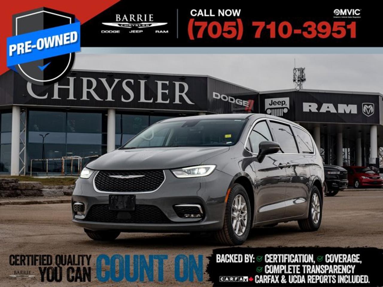 *Previous Daily RentalThis vehicle is certified. You can trust that each certified vehicle goes through a 150-point inspection by our factory-trained master technicians. Our requirements exceed the provincial regulations of safety standards.With every detail disclosed and every standard met, confidence comes standard.Verified Vehicle History: CarFAX and UCDA reports included.Certified & Serviced: Oil, filters, and wipers replaced before delivery.Warranty You Can Trust: Up to 8 years or 200,000 KM of coverage.Finance Made Simple: Competitive rates for all credit profiles.Easy Exchange Program: Return within 7 days or 500 KM.Thank you for choosing Barrie Chrysler Dodge Jeep Ram, where the easy car-buying experience is all about you! Visit our expansive 50-car indoor showroom and view the hundreds of vehicles available, both on-site and off-site. We are located right in the heart of Barrie, on Dunlop St W, just off of Highway 400. - 395 Dunlop St W, Barrie, ON.We pay cash for cars, even if you dont buy one from us!Ceramic Gray Clearcoat 2023 Chrysler Pacifica Touring-L 4D Passenger Van Pentastar 3.6L V6 VVT 9-Speed Automatic FWDWe utilize real-time third-party software to price our vehicles, ensuring they align with the daily average market price. For that reason, our vehicles are priced competitively.We have over 100 pre-owned vehicles available onsite, with extra off-site inventory available at all times. Prices are plus HST and licensing fee.