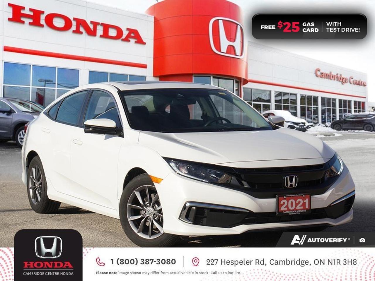 <p><strong>GREAT CIVIC! ONE PREVIOUS OWNER! TEST DRIVE TODAY!</strong></p><p><span style=color:rgb( 0 , 0 , 0 )>2021 Honda Civic EX featuring CVT transmission, five passenger seating, </span><span style=color:rgb( 34 , 34 , 34 )>power sunroof, remote engine starter, rearview camera with dynamic guidelines, </span><span style=color:rgb( 0 , 0 , 0 )>Apple CarPlay and Android Auto connectivity, Siri® Eyes Free compatibility, ECON mode, Bluetooth, AM/FM audio system with two USB inputs, steering wheel mounted controls, cruise control, air conditioning, dual climate zones, heated front seats, 12V power outlet, power mirrors, power locks, power windows, 60/40 split fold-down rear seatback, Anchors and Tethers for Children (LATCH), The Honda Sensing Technologies - Adaptive Cruise Control, Forward Collision Warning system, Collision Mitigation Braking system, Lane Departure Warning system, Lane Keeping Assist system and Road Departure Mitigation system, remote keyless entry with trunk release, auto on/off headlights, electronic stability control and anti-lock braking system. Contact Cambridge Centre Honda for special discounted finance rates, as low as 8.99%, on approved credit from Honda Financial Services. </span></p><p><span style=color:rgb( 255 , 0 , 0 )><strong>FREE $25 GAS CARD WITH TEST DRIVE!</strong></span></p><p><span style=color:rgb( 0 , 0 , 0 )>Our philosophy is simple. We believe that buying and owning a car should be easy, enjoyable and transparent. Welcome to the Cambridge Centre Honda Family! Cambridge Centre Honda proudly serves customers from Cambridge, Kitchener, Waterloo, Brantford, Hamilton, Waterford, Brant, Woodstock, Paris, Branchton, Preston, Hespeler, Galt, Puslinch, Morriston, Roseville, Plattsville, New Hamburg, Baden, Tavistock, Stratford, Wellesley, St. Clements, St. Jacobs, Elmira, Breslau, Guelph, Fergus, Elora, Rockwood, Halton Hills, Georgetown, Milton and all across Ontario!</span></p>