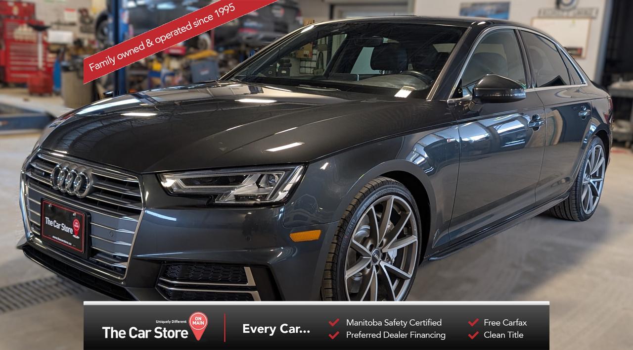 2018 Audi A4 Progressiv S-Line  Clean Title | Great Service Records 
 Key Features: 
 Quattro All-Wheel Drive 
 S-Line Package 
 Leather Interior with Sport Seats 
 Power Front Seats 
 Comfort: Heated Front Seats & Heated Steering Wheel 
 Driver Assistance: Backup Camera & Parking Sensors 
 Apple CarPlay & Android Auto 
 Sunroof, Navigation 
 Keyless Entry & Push-Button Start 
 Clean Title 
 Excellent Service History 
 
 
 Refined, Balanced, and Easy to Drive: 
 The A4 is known for its composed ride and solid build quality. With the S-Line package, it adds a bit more edge in styling and feel while staying comfortable and predictable for daily driving. 
 
 
 Well Maintained with a Clean History: 
 This example comes with a clean title and strong service records. 
 
 
 Our Take: 
 If youre looking for a compact luxury sedan with year round capability, the A4 Progressiv S-Line is a sensible choice. Clean history and good maintenance make this one easy to consider. 
 
 
 We are a local Family Owned business and we try to do things a little different. 
 
 At The Car Store on Main every vehicle is Manitoba Safety Certified. 
 Every vehicle sold is eligible for the Advantage Plan: 
 30 Day Warranty on all MB Safety certificate related items. 
 CarFax Vehicle History Report 
 2 sets of Keys 
 Wholesale access to all other Miscellaneous Accessories (i.e. Wtr Tires, Remote Starr, all misc vehicle accessories/parts, etc...) 
 And of course a Full tank of Gas. 
 
 There is no Gimmicks or games, we are always aggressive on our prices and try to separate ourselves from the rest. 
 We also have an on-site Certified Banker who shops to get the best possible interest rates in with all Major Banks and Credit Unions! 
 
 Come to our Brand New modern showroom and see what makes us Uniquely Different! 
 
 Located on Main St. just North of Chief Peguis Trail. 
 
 To schedule an appointment call us directly at 204-669-1248 or email sales@thecarstore.ca 
 
 The Car Store on Main 
 -Uniquely Different- 
 
 www.thecarstore.ca 
 Local: 204-669-1248 
 Toll Free: 877-634-2975 
 
 A local family owned business unlike typical car lots, there are no pressure tactics, no games, no gimmicks, no Sales Manager, General Manager or Used Car Manager, just straight answers and fair deals all the time! 
 
 *PRICE DOES NOT INCLUDE TAXES (G.S.T & P.S.T) 
 Dealer Permit # 4481