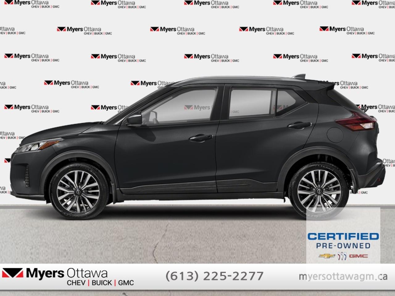 Compare at $20805 - Myers Cadillac is just $20199! <br> <br>JUST IN - 2023 NISSAN KICKS SV- BLACK ON BLACK, 17-inch aluminum-alloy wheels , 7-inch Advanced Drive-Assist Display, 8-inch color touchscreen, Nissan Intelligent Key with push-button start, remote engine start, automatic climate control, upgraded cloth seat trim.Apple CarPlay, Android Auto,, Nissan Safety Shield 360): Automatic Emergency Braking with Pedestrian Detection, Lane Departure Warning, Radar-based Intelligent Cruise Control, Rear Automatic Braking, Blind Spot Warning, Rear Cross-Traffic, SINGLE OWNER, CLEAN CARFAX, NON SMOKER, NO ADMIN FEES<br> <br>To apply right now for financing use this link: <a href=https://creditonline.dealertrack.ca/Web/Default.aspx?Token=b35bf617-8dfe-4a3a-b6ae-b4e858efb71d&Lang=en target=_blank>https://creditonline.dealertrack.ca/Web/Default.aspx?Token=b35bf617-8dfe-4a3a-b6ae-b4e858efb71d&Lang=en</a><br><br> <br/>Certified Pre-Owned Vehicles. Instead of worries our vehicles come with a 150+ point inspection and a 30 day / 2,500kms Vehicle Exchange Privilege. Buy with confidence! <br> <br/><br>All prices include Admin fee and Etching Registration, applicable Taxes and licensing fees are extra.<br>*LIFETIME ENGINE TRANSMISSION WARRANTY NOT AVAILABLE ON VEHICLES WITH KMS EXCEEDING 140,000KM, VEHICLES 8 YEARS & OLDER, OR HIGHLINE BRAND VEHICLE(eg. BMW, INFINITI. CADILLAC, LEXUS...)<br> Come by and check out our fleet of 50+ used cars and trucks and 170+ new cars and trucks for sale in Ottawa.  o~o
