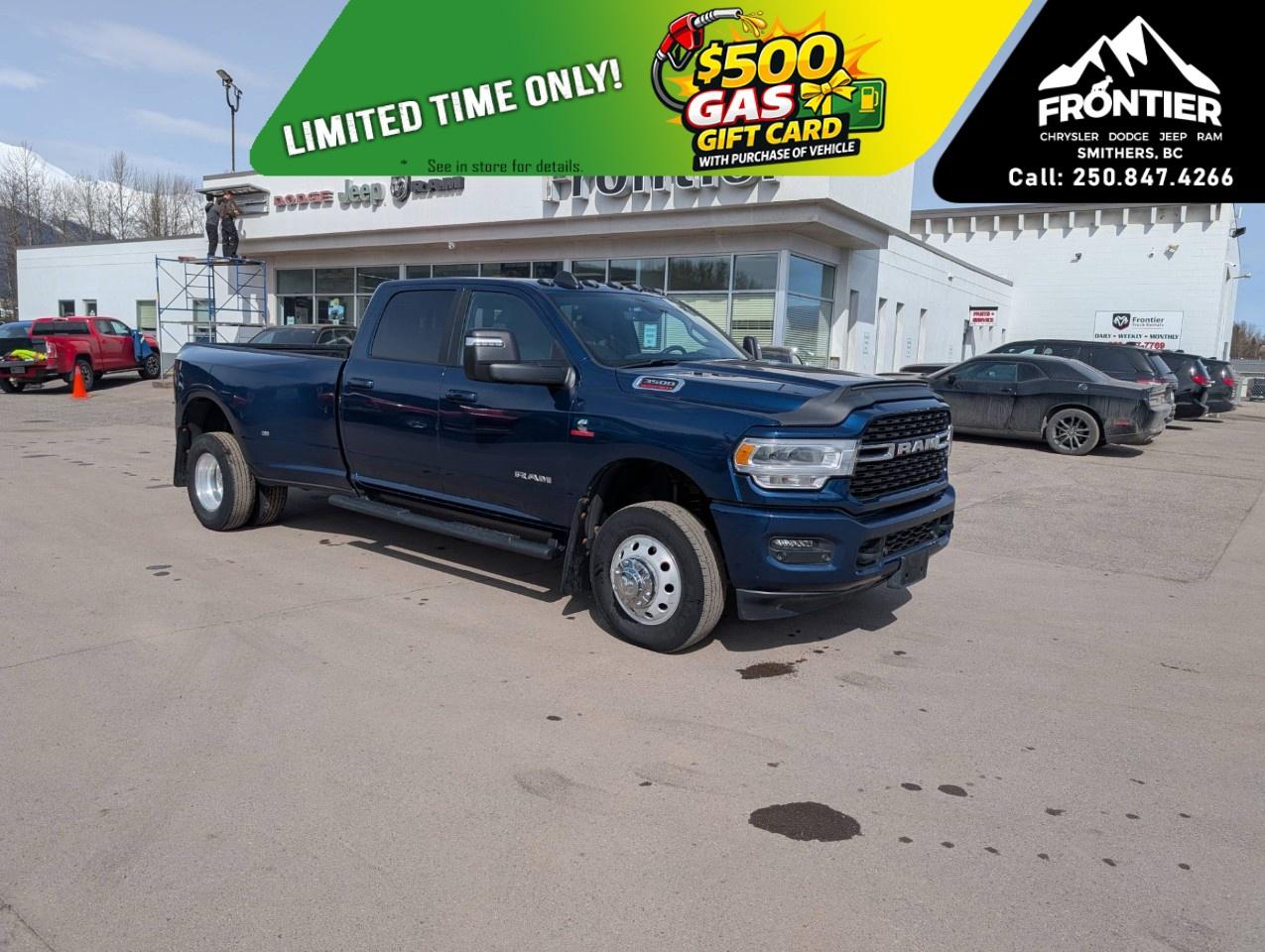 <p>The 2024 Ram 3500 Big Horn Crew Cab 4x4 is built to deliver serious heavy-duty performance while keeping comfort and technology right where you need it.</p><p>Under the hood, this truck is powered by the legendary 6.7L Cummins® I-6 turbocharged diesel engine paired with a heavy-duty 6-speed automatic transmission. Whether youre towing, hauling, or tackling tough jobs, this setup is designed for durability, torque, and long-lasting capability.</p><p>Finished in Patriot Blue Pearl with a black interior, this Big Horn offers a clean, professional look with practical comfort inside. The spacious Crew Cab provides plenty of room for passengers, while premium cloth seating, heated front seats, and a heated steering wheel help keep things comfortable year-round.</p><p>Technology is well covered with a 7-inch full-colour customizable in-cluster display, Uconnect® system with Apple CarPlay and Android Auto, SiriusXM® with 360L, Alexa Built-In, and a 4G LTE Wi-Fi hotspotkeeping you connected wherever the job takes you.</p><p>This truck is ready to work with features like the 5th Wheel & Gooseneck Towing Prep Group, integrated trailer brake controller, Class V hitch receiver, and power telescoping trailer tow mirrors. Additional highlights include a centre high-mount stop lamp with cargo view camera, dual rear wheels, and a large 98-litre fuel tank for extended range.</p><p>Safety and convenience features include ParkView® Rear Back-Up Camera, Park-Sense® Front and Rear Park Assist, electronic stability control, hill start assist, and advanced multistage airbags.</p><p>If youre looking for a heavy-duty truck that combines proven diesel power with everyday usability and comfort, this Ram 3500 Big Horn is ready to get to work.</p><p>Please confirm all vehicle details and features with our sales team and start the buying process today at Frontier Chrysler Dodge Jeep Ram Ltd.</p>