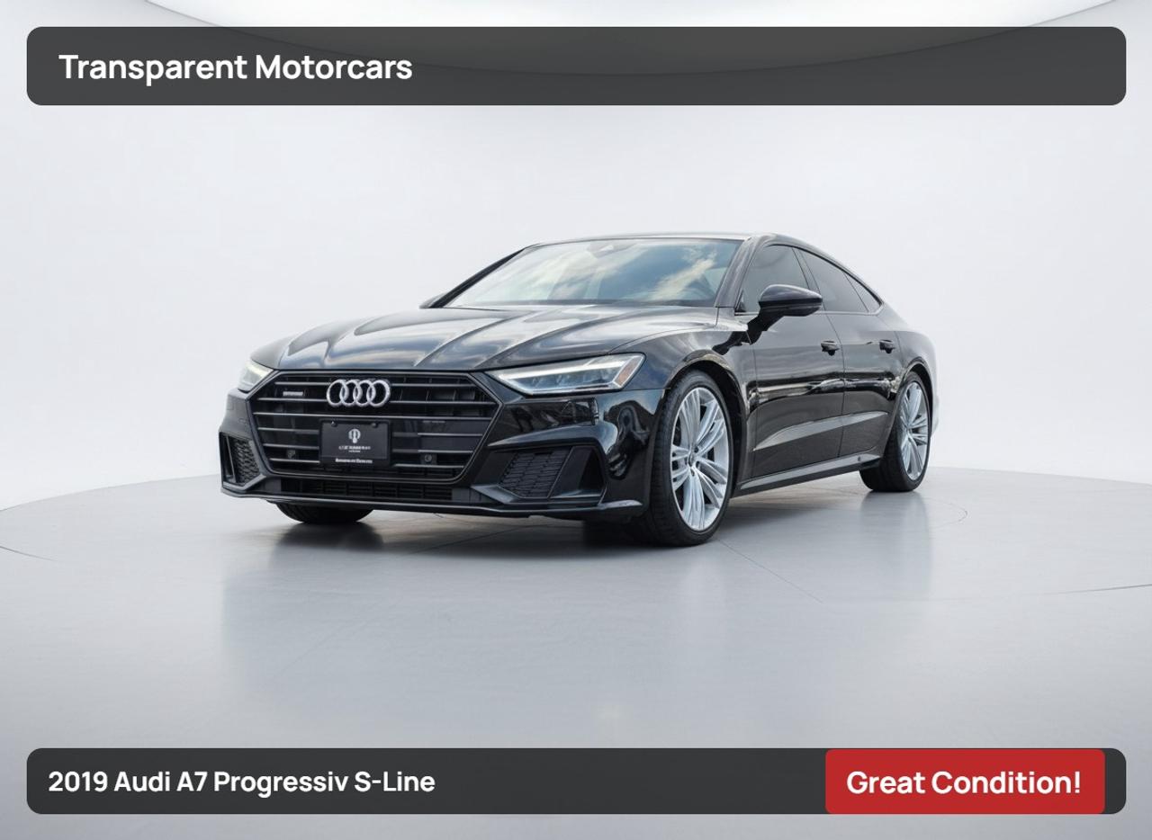 Transparent Motorcars is pleased to offer this beautiful 2019 Audi A7 Progressiv S-Line Quattro With 72,370kms. It Features 340 Horsepower 3.0L Supercharged Engine Paired With 8-Speed Shiftable Automatic Transmission Layered With All-Wheel-Drive System, Back-Up Camera, Audi Side Assist Blind Spot, Front/Rear Parking Sensors, Power Liftgate, Keyless Start/Entry, HomeLink Garage Door Transmitter, Heated Front And Rear Seats, Heated Steering Wheel, Premium Sound System, Apple CarPlay, Retractable Spoiler And Much More! <br/> <br/> <br/> Stock# G00194A Dealer # 50276 <br/> <br/> <br/> <br/> <br/> $995 Documentation Fee <br/> <br/> <br/> <br/> <br/> 3771 No.3 Road Richmond/4211 No.3 Road Richmond <br/> <br/> <br/> <br/> <br/> This vehicle has undergone a comprehensive 110-point inspection at our state-of-the-art service facility, covering: Powertrain, Suspension, Tire Tread Depth ,Brake Condition ,All Electrical Components <br/> <br/> <br/> <br/> <br/> *Each vehicle comes with a limited warranty for your peace of mind. <br/> <br/> <br/> <br/> <br/> *Free, full CARFAX Vehicle History Report available upon request. <br/> <br/> <br/> <br/> <br/> *We are a 5-star rated Google dealership, trusted by our customers. <br/> <br/> <br/> <br/> <br/> *Thousands of satisfied customers  we invite you to join our automotive family! <br/> <br/> <br/> <br/> <br/> *Complimentary pick-up service from the airport, ferry terminal, or SkyTrain station is available. <br/> <br/> <br/> <br/> <br/> <br/> <br/> *For details on our refund and buyback policy, please contact our team directly. <br/> <br/> <br/> <br/> <br/> At our dealership, we pride ourselves on building lasting relationships with our customers. Were not just a one-time dealer  we are committed to being your trusted partner for all your vehicle needs, now and in the future. From your initial purchase to ongoing service, we aim to exceed expectations every step of the way. <br/>