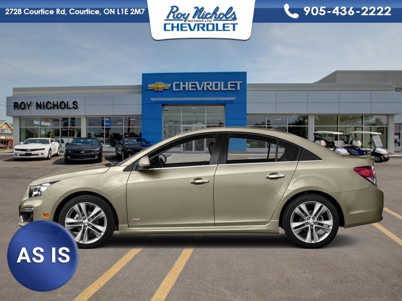 <b>Trade-in, One Owner, Local, Rear Camera,  Cruise Control,  Bluetooth,  Touch Screen!</b><br> <br> By definition, a motor vehicle sold under this contract is being sold “as is” and is not roadworthy condition, mechanically sound or maintained at any guaranteed level of quality. The vehicle may not be fit for use as a means of transportation and may require substantial repairs at the buyers expense. It may not be possible to register the vehicle to be driven in it’s current condition. This vehicle is not certified and may not be drivable. Certification is available at additional cost.<br> <br>Safety, fuel economy, and a smooth ride go a long way - so does the 2016 Chevrolet Cruze Limited. This 2016 Chevrolet Cruze Limited is fresh on our lot in Courtice. <br> <br>The 2016 Cruze Limited offers more than you would expect to find in a compact car. A prominent grille and a stylish front fascia come together to produce a bold and sporty presence on the exterior. While inside the Cruze Limited youll discover entertainment features, technology, and a host of available smart safety features. Soft touch details and rich colors give this awesome car the ultimate in curb appeal. This sedan has 97,209 km. Its Champagne Silver Metallic in colour. It has an Automatic transmission and is powered by a smooth engine. This vehicle has been upgraded with the following features: Rear Camera, Cruise Control, Bluetooth, Touch Screen.<br> <br/><br>Roy Nichols Motors is located in Courtice which is just east of Oshawa and west of Bowmanville. We offer an excellent selection of pre owned vehicles to choose from. To book a test drive or inquire about financing and leasing options, call one of our knowledgeable and professional staff today at (877) 725-5601. <br> Come by and check out our fleet of 20+ used cars and trucks and 150+ new cars and trucks for sale in Courtice.  o~o