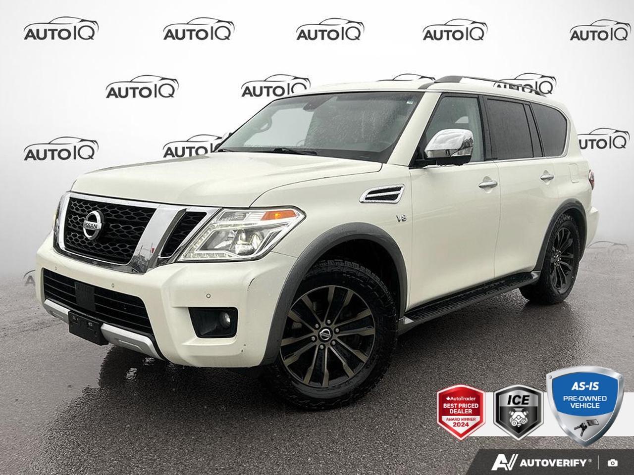 New Price! Recent Arrival!<br><br><br>| No Accidents, | Non-Smoker, LOCAL TRADE, 4WD, 13 Speakers, 2nd Row Captains Chair, 2nd Row Centre Console w/Padded Armrest, A/V remote, AM/FM radio: SiriusXM, Axle Ratio: 2.937, Climate Controlled Front Bucket Seats, Delay-off headlights, Front Bucket Seats, Full Tank of Fuel & Floor Mats, Fully automatic headlights, Headphones, Heated rear seats, Heated steering wheel, Lane Departure Warning System, Leather-Appointed Seat Trim, Memory seat, Package CC00 w/Captain Chairs, Power driver seat, Power moonroof, Radio: Bose AM/FM/SXM/CD/MP3 Audio System, Rain sensing wipers, Rear window wiper, Reclining 3rd row seat, Variably intermittent wipers, Ventilated front seats, Wheels: 20 Machine-Faced w/Tinted Clear Coat.<br><br>Platinum<br>HEATED AND VENTILATED SEATS | REAR ENTERTAINMENT SCREENS | POWER SUNROOF 2017 Nissan Armada Platinum  5.6L V8<br>7-Speed Automatic<br>4WD<p> </p><h4>AS-IS PRE-OWNED VEHICLE</h4><p>This vehicle is part of our AS-TRADED inventory. Instead of sending this recent trade-in to a dealer auction, we are offering it to our retail customers first. This is a unique opportunity to purchase a vehicle exactly as it arrived.</p><p>The Wholesale Advantage:</p><p>- Unbeatable Pricing: Priced 30-50%<strong> </strong>below typical market value because we have not added any reconditioning costs.<br>- Raw & Uninspected: We have not performed a mechanical inspection. You are purchasing the vehicle in its original, untouched condition.<br>- Mechanic’s Special: Ideal for DIY buyers or those with their own service connections who want to handle the work themselves.<br>- Direct Access: You get the first opportunity to buy this local trade-in before it is offered to wholesalers.</p><p><em>See below for mandatory As-Is disclosure.</em></p><p>This vehicle is being sold AS-IS, unfit, not e-tested, and is not represented as being in roadworthy condition, mechanically sound or maintained at any guaranteed level of quality. The vehicle may not be fit for use as a means of transportation and may require substantial repairs at the purchaser’s expense. It may not be possible to register the vehicle to be driven in its current condition. This vehicle does not qualify for AutoIQs 7-Day Money Back Guarantee</p><p>The buyer of this vehicle will be responsible for all costs associated with passing a Ministry of Transportation Safety Inspection, which is needed to license a vehicle in the Province of Ontario. We are offering this vehicle at a reduced price, as the buyer will be responsible for all costs associated with making this vehicle roadworthy. We have not inspected this vehicle mechanically and do not know what repairs/costs are involved in getting it roadworthy. It may or may not have mechanical, cosmetic, safety and/or emissions issues. By allowing you to choose where and how you want the certifications completed, you have an opportunity to save money!</p><p>SPECIAL NOTE: This vehicle is reserved for AutoIQs retail customers only. Please, no dealer calls. Errors and omissions excepted.</p><p>*As-traded, specialty or high-performance vehicles are excluded from the 7-Day Money Back Guarantee Program (including, but not limited to Ford Shelby, Ford mustang GT, Ford Raptor, Chevrolet Corvette, Camaro 2SS, Camaro ZL1, V-Series Cadillac, Dodge/Jeep SRT, Hyundai N Line, all electric models)</p>