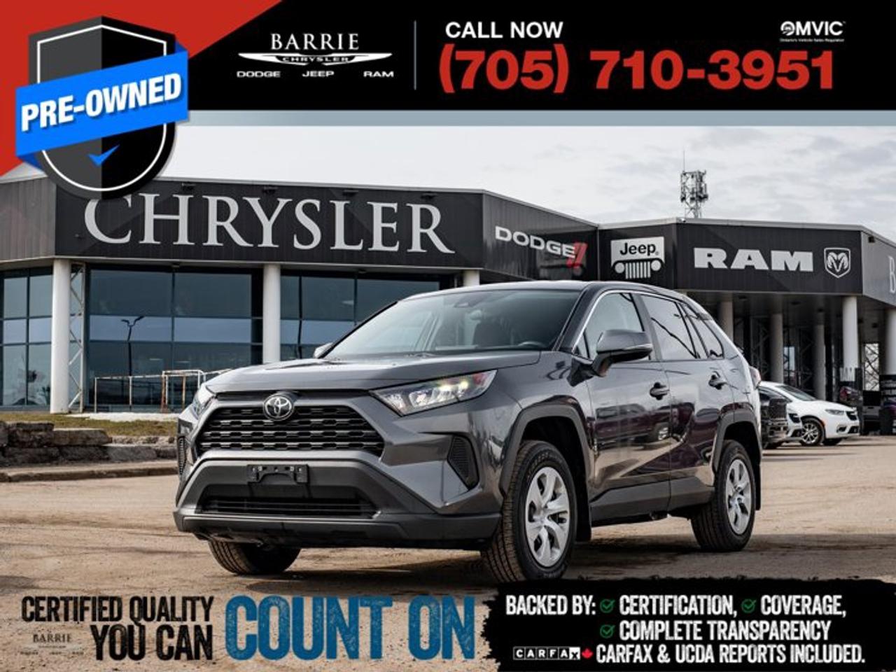 *Previous Daily Rental.AWD, Cloth.This vehicle is certified. You can trust that each certified vehicle goes through a 150-point inspection by our factory-trained master technicians. Our requirements exceed the provincial regulations of safety standards.With every detail disclosed and every standard met, confidence comes standard.* Verified Vehicle History: CarFAX and UCDA reports included.* Certified & Serviced: Oil, filters, and wipers replaced before delivery.* Warranty You Can Trust: Up to 8 years or 200,000 KM of coverage.* Finance Made Simple: Competitive rates for all credit profiles.* Easy Exchange Program: Return within 7 days or 500 KM.Thank you for choosing Barrie Chrysler Dodge Jeep Ram, where the easy car-buying experience is all about you! Visit our expansive 50-car indoor showroom and view the hundreds of vehicles available, both on-site and off-site. We are located right in the heart of Barrie, on Dunlop St W, just off of Highway 400. - 395 Dunlop St W, Barrie, ON.We pay cash for cars, even if you dont buy one from us!Gray 2024 Toyota RAV4 LE 4D Sport Utility 2.5L 4-Cylinder DOHC Dual VVT-i 8-Speed Automatic AWDWe utilize real-time third-party software to price our vehicles, ensuring they align with the daily average market price. For that reason, our vehicles are priced competitively.We have over 100 pre-owned vehicles available onsite, with extra off-site inventory available at all times. Prices are plus HST and licensing fee.