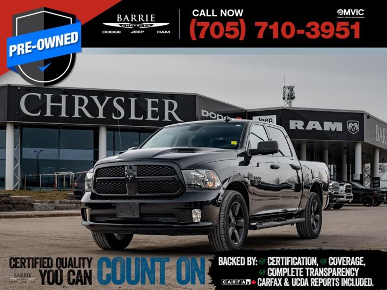 *Previous Daily Rental.This vehicle is certified. You can trust that each certified vehicle goes through a 150-point inspection by our factory-trained master technicians. Our requirements exceed the provincial regulations of safety standards.With every detail disclosed and every standard met, confidence comes standard.Verified Vehicle History: CarFAX and UCDA reports included.Certified & Serviced: Oil, filters, and wipers replaced before delivery.Warranty You Can Trust: Up to 8 years or 200,000 KM of coverage.Finance Made Simple: Competitive rates for all credit profiles.Easy Exchange Program: Return within 7 days or 500 KM.Thank you for choosing Barrie Chrysler Dodge Jeep Ram, where the easy car-buying experience is all about you! Visit our expansive 50-car indoor showroom and view the hundreds of vehicles available, both on-site and off-site. We are located right in the heart of Barrie, on Dunlop St W, just off of Highway 400. - 395 Dunlop St W, Barrie, ON.We pay cash for cars, even if you dont buy one from us!Diamond Black Crystal Pearlcoat 2022 Ram 1500 Classic Express 4D Crew Cab HEMI 5.7L V8 VVT 8-Speed Automatic 4WDWe utilize real-time third-party software to price our vehicles, ensuring they align with the daily average market price. For that reason, our vehicles are priced competitively.We have over 100 pre-owned vehicles available onsite, with extra off-site inventory available at all times. Prices are plus HST and licensing fee.