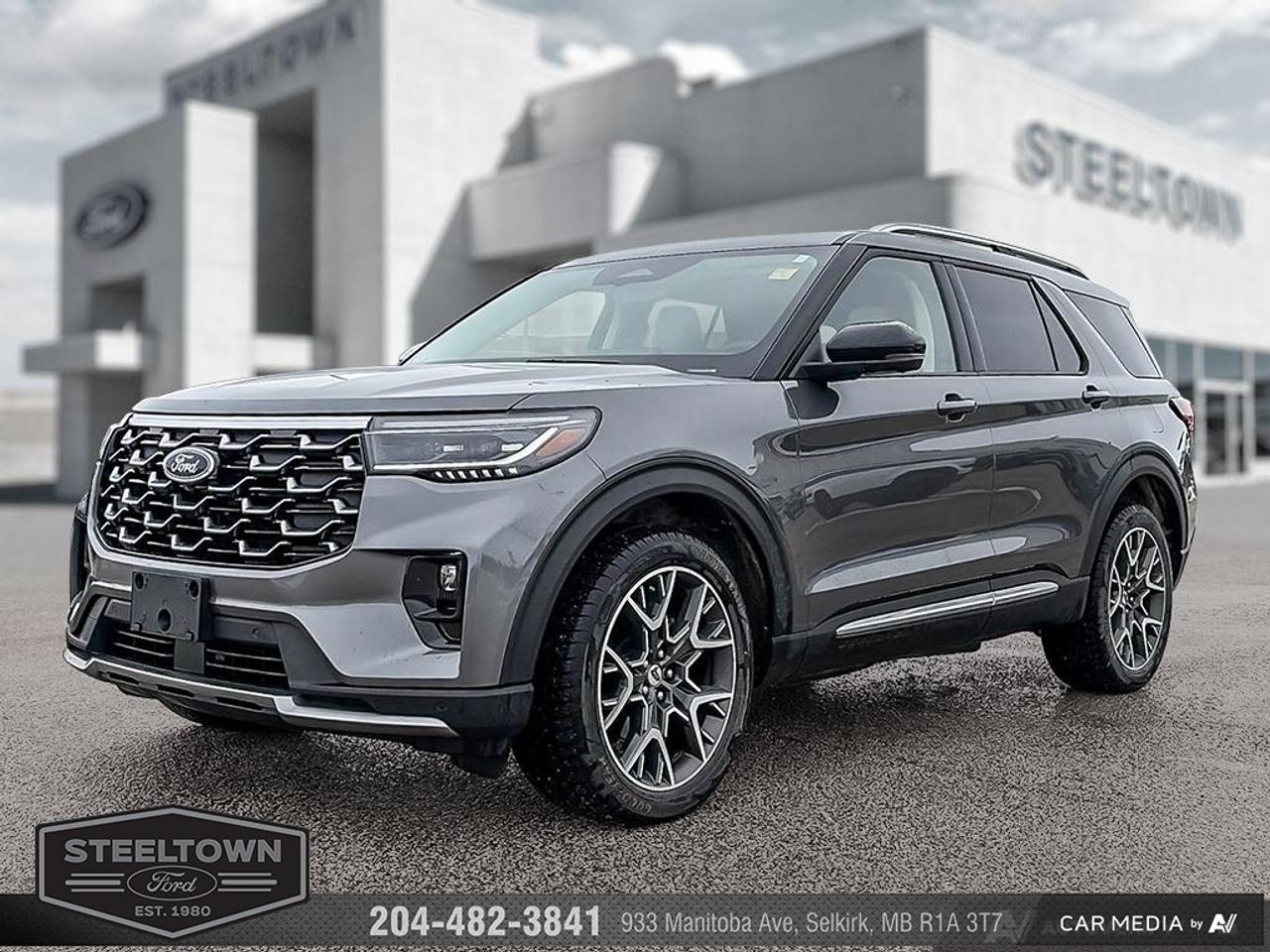 <b>Low Mileage, Sunroof,  Cooled Seats,  BlueCruise,  Navigation,  B&O Audio!</b><br> <br> We value your TIME, we wont waste it or your gas is on us!   We offer extended test drives and if you cant make it out to us we will come straight to you!<br><br><br> <br>This 2025 Explorer was built to do more than just get groceries, with all-new technologies, this SUV was built for adventure. This 2025 Ford Explorer is fresh on our lot in Selkirk. <br> <br>This Ford Explorer is the ultimate lifestyle vehicle with plenty of style and space for all of your passengers and cargo. It has the hauling capabilities of a midsize SUV combined with strong off-road capabilities. Whether your next family adventure is to the grocery store or over a high mountain pass, the Ford Explorer was built to get you there with ease. This low mileage SUV has just 18,500 km. Its Grey in colour and is completely accident free based on the <a href=https://vhr.carfax.ca/?id=v6ziPJfDer5f+TL5Ekvw/MDelrfy/pa/ target=_blank>CARFAX Report</a>. It has an Automatic transmission and is powered by a 400HP 3.0L V6 Cylinder Engine. <br> <br> Our Explorers trim level is Platinum. This Explorer Platinum rewards you with a dual-panel sunroof and cooled front seats, as well as BlueCruise 1.2, inbuilt navigation, Bang & Olufsen audio, an aerial view camera system and a heated steering wheel. Also standard include 20 aluminum wheels, FordPass Connect 5G mobile hotspot internet access, adaptive cruise control, smart device remote engine start, and a power liftgate for rear cargo access. On the inside, occupants are treated to leather upholstery, voice-activated dual-zone climate control, and a 13.2-inch infotainment screen with wireless Apple CarPlay and Android Auto. Safety features also include lane keep assist with lane departure warning, collision mitigation, automatic emergency braking, evasion assist, and rear parking sensors. This vehicle has been upgraded with the following features: Sunroof, Cooled Seats, BlueCruise, Navigation, B&O Audio, 360 Camera, Remote Start.<br> To view the original window sticker for this vehicle view this <a href=http://www.windowsticker.forddirect.com/windowsticker.pdf?vin=1FMWK8HCXSGB75783 target=_blank>http://www.windowsticker.forddirect.com/windowsticker.pdf?vin=1FMWK8HCXSGB75783</a>. <br/><br> <br>To apply right now for financing use this link: <a href=http://www.steeltownford.com/?https://CreditOnline.dealertrack.ca/Web/Default.aspx?Token=bf62ebad-31a4-49e3-93be-9b163c26b54c&La target=_blank>http://www.steeltownford.com/?https://CreditOnline.dealertrack.ca/Web/Default.aspx?Token=bf62ebad-31a4-49e3-93be-9b163c26b54c&La</a><br><br> <br/><br>Family owned and operated in Selkirk for 35 Years.  <br>Steeltown Ford is located just 20 minutes North of the Perimeter Hwy, with an onsite banking center that offers free consultations. <br>Ask about our special dealer rates available through all major banks and credit unions.<br><br><br>Steeltown Ford Protect Plus includes:<br>- Life Time Tire Warranty <br>Cars cost less in Selkirk <br><br>Dealer Permit # 1039<br><br><br> Come by and check out our fleet of 100+ used cars and trucks and 170+ new cars and trucks for sale in Selkirk.  o~o