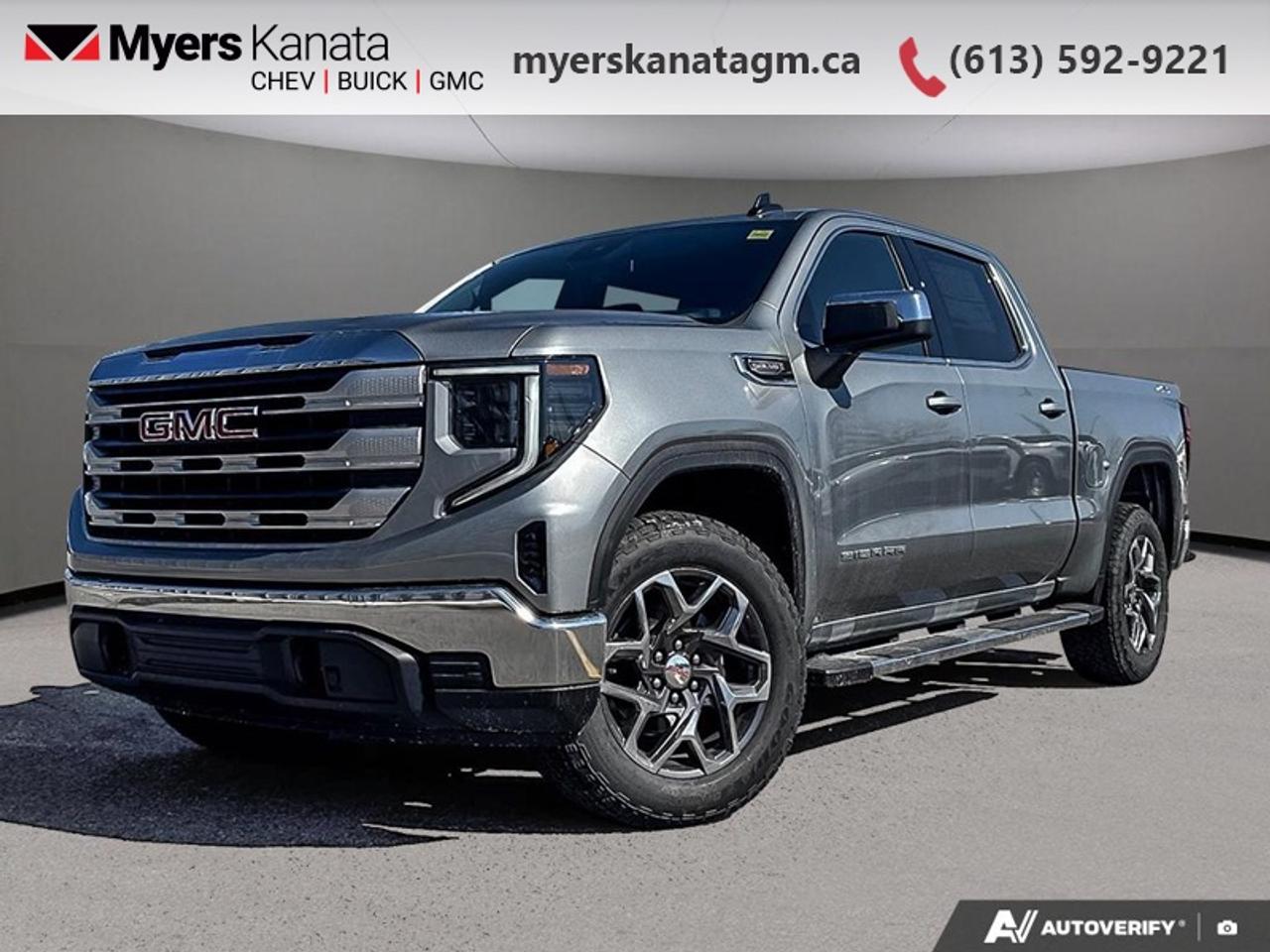 <b>20 inch Aluminum Wheels, Spray-On Bedliner, Assist Steps!</b><br> <br> <br> <br>At Myers, we believe in giving our customers the power of choice. When you choose to shop with a Myers Auto Group dealership, you dont just have access to one inventory, youve got the purchasing power of an entire auto group behind you!<br> <br>With a bold profile and distinctive stance, this 2026 Sierra turns heads and makes a statement on the jobsite, out in town or wherever life leads you. <br> <br>This 2026 GMC Sierra 1500 stands out in the midsize pickup truck segment, with bold proportions that create a commanding stance on and off road. Next level comfort and technology is paired with its outstanding performance and capability. Inside, the Sierra 1500 supports you through rough terrain with expertly designed seats and robust suspension. This amazing 2026 Sierra 1500 is ready for whatever.<br> <br>This Sterling Metallic crew cab 4X4 pickup has an Automatic transmission and is powered by a 355HP 5.3L 8 Cylinder Engine. <br> <br> Our Sierra 1500s trim level is SLE. This trim blends rugged utility with everyday comfort, offering standout features like the Trailering Package with hitch guidance, integrated brake controller, and 12 fixed cargo tie-downs for serious hauling capability. Off-roaders will appreciate the Kodiak Editions auto-locking rear differential, while chrome bumpers, LED projector headlamps, and signature taillights add bold style. Inside, the SLE Convenience Package elevates refinement with dual-zone climate control, a 10-way power driver seat, heated front seats, heated steering wheel, remote start, and LED cargo lighting. A 13.4-inch Premium GMC Infotainment System with Google built-in, wireless Apple CarPlay/Android Auto, and Wi-Fi hotspot keep you connected on every drive. GMC Pro Safety comes standard, adding confidence with Forward Collision Alert, Lane Keep Assist, Automatic Emergency Braking and more, making the Sierra SLE a smart balance of strength, comfort, and modern tech. This vehicle has been upgraded with the following features: 20 inch Aluminum Wheels, Spray-On Bedliner, Assist Steps.<br><br> <br>To apply right now for financing use this link: <a href=https://www.myerskanatagm.ca/finance/ target=_blank>https://www.myerskanatagm.ca/finance/</a><br><br> <br/> Total  rebate of $6000 is reflected in the price.   Incentives expire 2026-03-31.  See dealer for details. <br> <br>Myers Kanata Chevrolet Buick GMC Inc is a great place to find quality used cars, trucks and SUVs. We also feature over a selection of over 50 used vehicles along with 30 certified pre-owned vehicles. Our Ottawa Chevrolet, Buick and GMC dealership is confident that youll be able to find your next used vehicle at Myers Kanata Chevrolet Buick GMC Inc. You will always find our inventory updated with the latest models. Our team believes in giving nothing but the best to our customers. Visit our Ottawa GMC, Chevrolet, and Buick dealership and get all the information you need today!<br> Come by and check out our fleet of 30+ used cars and trucks and 270+ new cars and trucks for sale in Kanata.  o~o