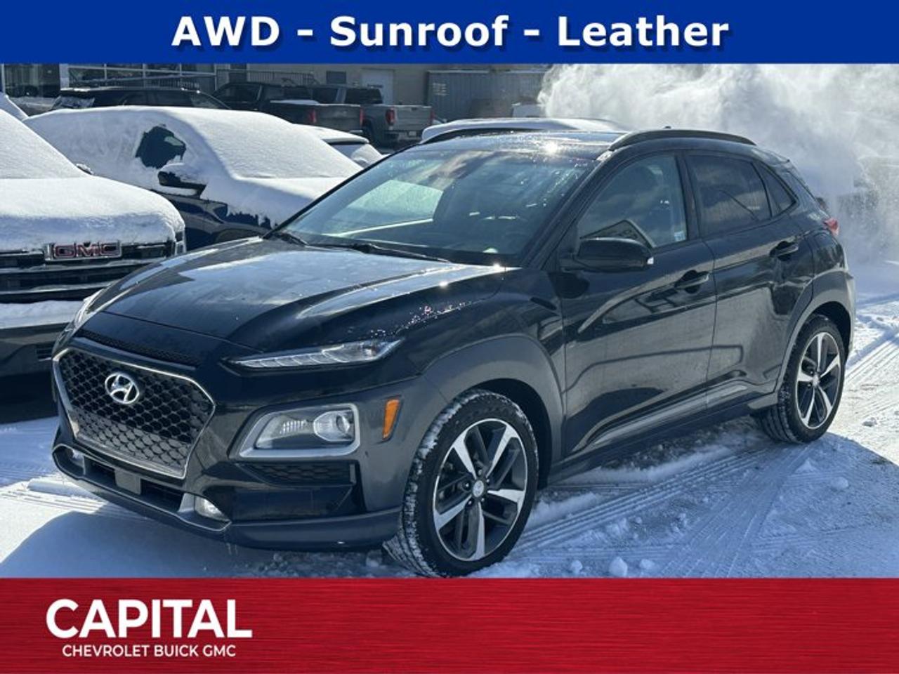 Certified.Ask for the Internet Department for more information or book your test drive today! Call 403-256-4960 for fast answers at your fingertips! Disclaimer: All prices are plus taxes. See dealer for details. AMVIC Licensed Dealer # B2020028.2019 Kona 7-Speed Automatic AWD Kona 1.6T Ultimate, AWD, Black Leather, 18 x 7.5J Aluminum Wheels, Exterior Parking Camera Rear, Heated Front Bucket Seats, Heated steering wheel, Power moonroof.Hyundai Details:* Transferable 6-Year/120,000 km Powertrain Limited Warranty. This is an additional 1 year/20, 000 km beyond the original factory warranty* 195 point inspection* CarFax* 30 day / 2000 km exchange privilege policy* Enjoy preferred financing rates on select models* 1 year 24 hour roadside assistance