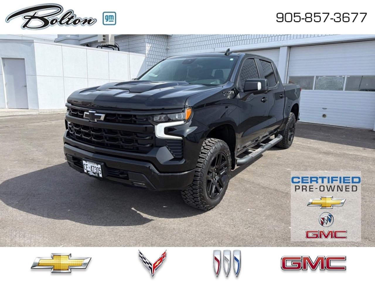 <b>Trade-in, Non-smoker, Local, Certified!</b><br> <br> Our sales staff will help you find that used vehicle you have been looking for - come see us today!<br> <br>Astoundingly advanced and exceedingly premium, this 2024 Chevrolet Silverado 1500 is designed for pickup excellence. This 2024 Chevrolet Silverado 1500 is fresh on our lot in Bolton. <br> <br>This 2024 Chevrolet Silverado 1500 stands out in the midsize pickup truck segment, with bold proportions that create a commanding stance on and off road. Next level comfort and technology is paired with its outstanding performance and capability. Inside, the Silverado 1500 supports you through rough terrain with expertly designed seats and robust suspension. This amazing 2024 Silverado 1500 is ready for whatever. This Crew Cab 4X4 pickup has 53,988 km and is a Certified Pre-Owned vehicle. Its Black in colour and is completely accident free based on the <a href=https://vhr.carfax.ca/?id=o8WA68WRXpedwC6vlPeKVTeExKq9+5X9 target=_blank>CARFAX Report</a>. It has an Automatic transmission and is powered by a 355HP 5.3L 8 Cylinder Engine. And its got a certified used vehicle warranty for added peace of mind. <br> <br> Our Silverado 1500s trim level is LT Trail Boss. Blending iconic appearance with off road capability, this adventure-ready Silverado 1500 LT Trail Boss is ready for anything you put in front of it. This rugged pickup comes loaded with Chevrolets legendary Z71 off road suspension and a 2 inch lift, an exclusive raised hood with black inserts, exclusive aluminum wheels, underbody skid plates, a useful trailer hitch, remote engine start, an EZ Lift tailgate and a 10 way power driver seat. It also comes with Chevrolets Premium Infotainment 3 system that features a larger touchscreen display, wireless Apple CarPlay, wireless Android Auto, and SiriusXM. Additional features include forward collision warning with automatic braking, lane keep assist, intellibeam LED headlights and fog lights, an HD rear view camera and hill descent control.<br> <br>To apply right now for financing use this link: <a href=http://www.boltongm.ca/?https://CreditOnline.dealertrack.ca/Web/Default.aspx?Token=44d8010f-7908-4762-ad47-0d0b7de44fa8&Lang=en target=_blank>http://www.boltongm.ca/?https://CreditOnline.dealertrack.ca/Web/Default.aspx?Token=44d8010f-7908-4762-ad47-0d0b7de44fa8&Lang=en</a><br><br> <br/>This vehicle has met our highest standard and has been put through the GM certification process by our GM trained technicians. Our GM Certified used vehicles go thru an extensive 150 + point inspection and are reconditioned back to near new condition. Each vehicle comes with a minimum of a 3 month, 5000 KM warranty or the balance of the factory warranty (whichever is longer) with 24 hour roadside assistance. They also come with satisfaction guaranteed; a 30 day or 2500 km exchange privilege if you are not completely satisfied. And thats standard. If your budget permits, you can extend or upgrade to an even more comprehensive Certified Pre-Owned Vehicle Protection Plan. Youll also appreciate the convenience of being able to transfer any existing warranties to a new owner, should you ever decide to sell your Certified Pre-Owned Vehicle. If you are a student or recently graduated, you may also qualify for an additional $500 discount when a used GM vehicle is purchased.  For more information, please call any of our knowledgeable used vehicle staff at 877-335-7544.<br> <br/><br>Call 1-877-626-5866 NOW before this vehicle is sold!!! 
*No Hassles, No Haggles, No Admin Fees,* *JUST OUR BEST PRICE, FIRST*!!!
*** GOOD CREDIT, BAD CREDIT, NO CREDIT, LET OUR FINANCE MANAGERS SHOW YOU THE DIFFERENCE THAT BUYING FROM BOLTON GM WILL MAKE, WE SPECIALIZE IN REBUILDING YOUR CREDIT!!!!*** 
Bolton GM is Only 15 minutes from Hwy 9, 400, 427 and 410
See our complete inventory at www.boltongm.ca
 o~o