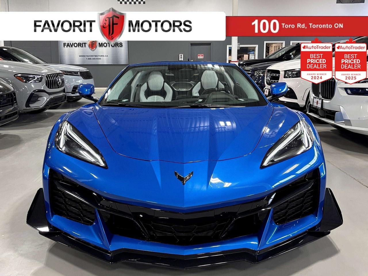 **MONTH-END SPECIAL!** - - > | NO LUXURY TAX | < - - 3LZ EQUIPPED, FEATURING : HANDCRAFTED 670HP 5.5L LT6 V8 POWERED, RWD, Z07 PERFORMANCE PACKAGE, Z07 SUSPENSION, CARBON AERO PKG, BREMBO CARBON CERAMIC BRAKES, HIGH WING REAR SPOILER, CARBON FIBER SEATS, CARBON FIBER STEERING WHEEL, CARBON FIBER PADDLE SHIFTERS, FORGED WHEELS, SPECIALLY STITCHED TARGA ROOF AND DOOR TRIMS, HEADS UP DISPLAY, WIRELESS CHARGING TRAY, PDR RECORDING, MULTI CUSTOMIZABLE DRIVE MODES, Z MODE, PERFORMANCE DISPLAYS, FULLY LOADED, EXTREMELY CLEAN! FINISHED IN RIPTIDE BLUE ON MATCHING SKY COOL GREY INTERIOR, STITCHED LEATHER AND CARBON SEATS, HEATED/COOLED SEATS, HEATED STEERING WHEEL, NAVIGATION SYSTEM, MULTI VIEW BACKUP CAMERA, PARKING SENSORS, AUTOMATIC EMERGENCY BRAKING, FRONT PEDESTRIAN BRAKING, SIDE BLIND ZONE ALERT, REAR CROSS TRAFFIC ALERT, AM, FM, SATELLITE, APPLECARPLAY, ANDROIDAUTO, USB, ALEXA, BLUETOOTH, STEERING WHEEL CONTROLS, PREMIUM BOSE PERFORMANCE SERIES SOUND SYSTEM, POWER OPTIONS, REMOTE START, REMOTE TRUNK AND FRUNK, POWER FOLDING MIRRORS, AND MUCH MORE!!! PREMIUM OPTIONS :  PREFERRED EQUIPMENT GROUP 3LZ  - Z07 PERFORMANCE PACKAGE: $10,345.00     - CARBON CERAMIC BRAKES     - Z07 SUSPENSION     - TIRES: FRONT 275/30ZR20, REAR 345/25ZR21 MICHELIN PILOT SPORT CUP 2 R ULTRA PERFORMANCE TIRES     - CALIPERS: DARK GREY METALLIC-PAINTED CALIPERS  - CARBON AERO: CARBON FLASH-PAINTED CARBON FIBRE APPEARANCE: $9,765.00     - GROUND EFFECTS     - HIGH WING REAR SPOILER     - DIVE PLANES  - EXTERIOR: RIPTIDE BLUE METALLIC: $995.00  - STEERING WHEEL: CARBON FIBRE AND SUEDED MICROFIBRE-WRAPPED STEERING WHEEL: $810.00  - WHEELS: BLACK FORGED ALUMINUM WHEELS: $595.00  - EXHAUST: BLACK EXHAUST TIPS: $455.00  - EMBLEMS: DARK STEALTH CROSSED FLAGS EMBLEM, FRONT AND REAR (DEALER INSTALLED): $305.00 <b>**As per OMVIC regulations, this vehicle is not drivable, not certified and not e-tested. Certification is available for $899.** All our vehicles are in excellent condition and have been fully inspected by an in-house licensed mechanic. The advertised price is a finance only price, if you wish to purchase the vehicle for cash additional $2,000 surcharge will apply. Applicable prices and special offers are subject to change with or without notice and shall be at the full discretion of Favorit Motors.</b>