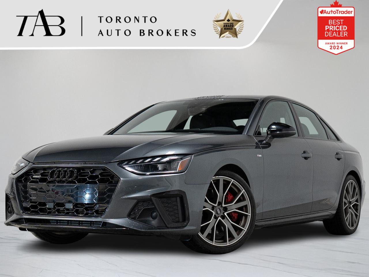 This 2023 Audi A4 45 Progressiv S-Line is a local Ontario vehicle with a clean Carfax report, this vehicle also includes remaining manufacturer warranty coverage until November 15th, 2026 or up to 80,000 km, providing added peace of mind. offering a perfect balance of refined luxury, modern technology, and sporty performance. With its sleek design, premium finishes, and advanced driving features, the A4 delivers a smooth yet engaging driving experience for both daily commutes and long-distance journeys. 

Key features include:

* Black Package
* Competition Package
* quattro All-Wheel Drive (AWD)
* S-Line Package
* 19" Alloy Wheels
* Power Sunroof
* Premium Leather Seating Surfaces
* Heated Front Seats
* Power Front Seats with Memory
* Leather-Wrapped Sport Steering Wheel with Paddle Shifters
* Audi MMI Navigation Plus
* Apple CarPlay and Android Auto Integration
* Audi Virtual Cockpit
* Rearview Camera with Parking Sensors
* Keyless Entry with Push-Button Start
* Tri-Zone Automatic Climate Control
* LED Headlights and Taillights


NOW OFFERING 3 MONTH DEFERRED FINANCING PAYMENTS ON APPROVED CREDIT. 

WE OFFER THE BEST FINANCE RATES, AND DONT CHARGE ANY FINANCING FEE

 Looking for a top-rated pre-owned luxury car dealership in the GTA? Look no further than Toronto Auto Brokers (TAB)! Were proud to have won multiple awards, including the 2024 AutoTrader Best Priced Dealer, the 2024 CarGurus Award, the 2025 Top Choice Award, the 2025 Consumer Satisfaction Award, the 2025 Canadian Choice Award, the 2025 Three Best Rated Dealer Award, and many more!

With 30 years of experience serving the Greater Toronto Area, TAB is a respected and trusted name in the pre-owned luxury car industry. Our 30,000 sq.Ft indoor showroom is home to a wide range of luxury vehicles from top brands like BMW, Mercedes-Benz, Audi, Porsche, Land Rover, Jaguar, Aston Martin, Bentley, Maserati, and more. And we dont just serve the GTA, were proud to offer our services to all cities in Canada, including Vancouver, Montreal, Calgary, Edmonton, Winnipeg, Saskatchewan, Halifax, and more.

At TAB, were committed to providing a no-pressure environment and honest work ethics. As a family-owned and operated business, we treat every customer like family and ensure that every interaction is a positive one. Come experience the TAB Lifestyle at its truest form, luxury car buying has never been more enjoyable and exciting!

We offer a variety of services to make your purchase experience as easy and stress-free as possible. From competitive and simple financing and leasing options to extended warranties, aftermarket services, and full history reports on every vehicle, we have everything you need to make an informed decision. We welcome every trade, even if youre just looking to sell your car without buying, and when it comes to financing or leasing, we offer same day approvals, with access to over 50 lenders, including all of the banks in Canada. Feel free to check out your own Equifax credit score without affecting your credit score, simply click on the Equifax tab above and see if you qualify.

Call us today or visit our website to learn more about our inventory and services. And remember, all prices exclude applicable taxes and licensing, and vehicles can be certified at an additional cost of $999.