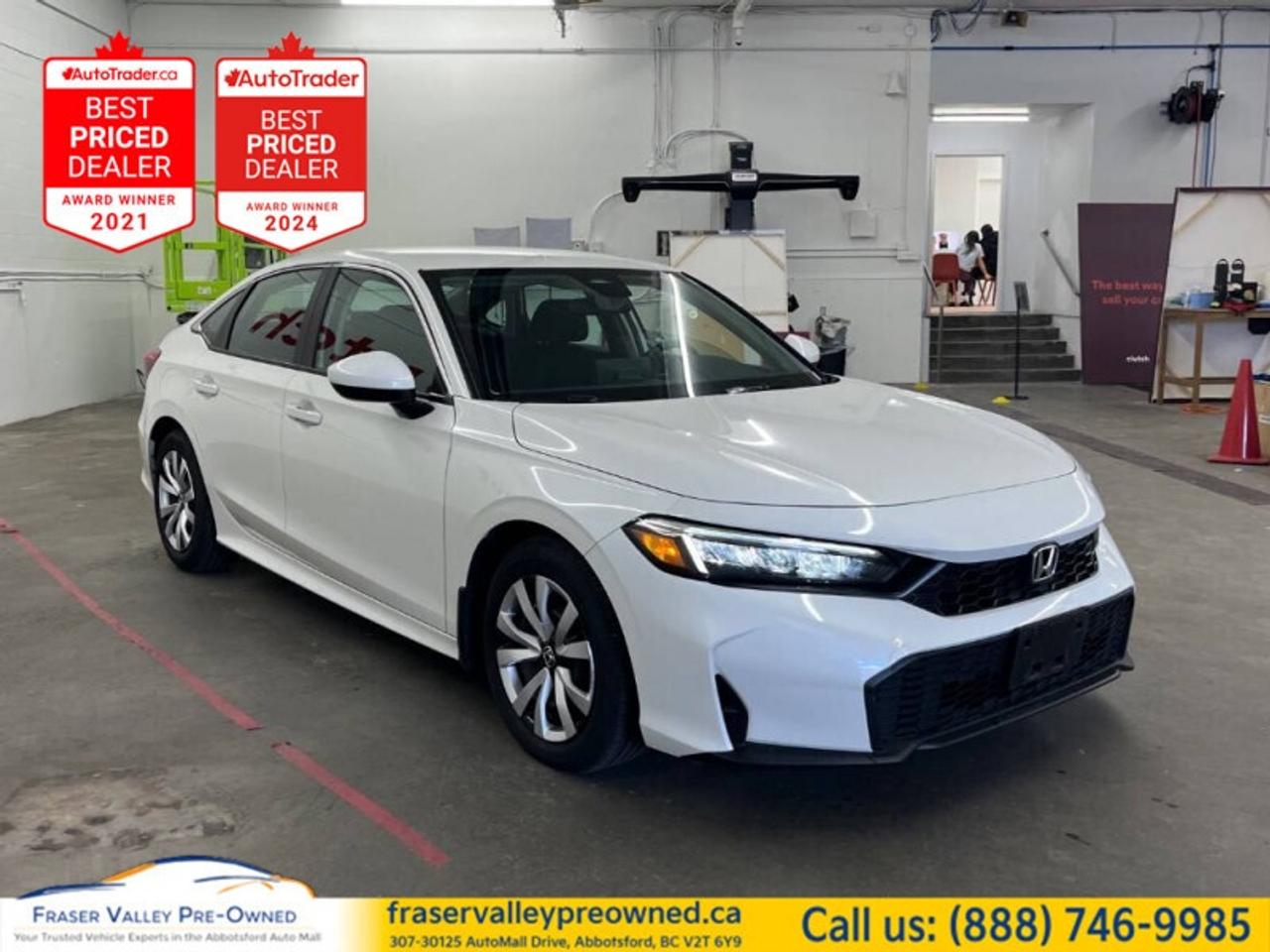 Low Mileage, Heated Seats,  Apple CarPlay,  Android Auto,  Adaptive Cruise Control,  Lane Keep Assist!
 
 Compact sedan shoppers have always preferred the Honda Civic for one reason; its simply the best. This 2025 Honda Civic Sedan is fresh on our lot in Abbotsford. 
 
This 2025 Honda Civic is an elegant, sporty and sophisticated vehicle worthy of your attention, with an upscale appearance, new features, and a refined cabin design. Updated tech features, premium interior build materials, unrivaled cargo space and practicality help this amazing vehicle shine in this competitive segment. No matter the task at hand, this Honda Civic is up for anything. This low mileage sedan has just 8,156 km. Its nice in colour and is completely accident free based on the CARFAX Report. It has an Automatic transmission and is powered by a 150HP 2.0L 4 Cylinder Engine. 
 
 Our Civic Sedans trim level is LX. Standard features include an amazing safety suite including collision mitigation, lane keep assist, road departure mitigation, traffic sign recognition, adaptive cruise with low-speed follow, and traffic jam assist. Additional tech features come in the infotainment system, including Android Auto, Apple CarPlay, touchscreen controls, Bluetooth, and Siri Eyes Free. Other great features include heated seats for comfort, a high-tech driver information center, proximity keys, remote start, and LED lighting with automatic high beams. This vehicle has been upgraded with the following features: Heated Seats, Apple CarPlay, Android Auto, Adaptive Cruise Control, Lane Keep Assist, Lane Departure Warning, Forward Collision Mitigation.
 
To apply right now for financing use this link: https://www.fraservalleypreowned.ca/abbotsford-car-loan-application-british-columbia
 
 

| Our Quality Guarantee: We maintain the highest standard of quality that is required for a Pre-Owned Dealership to operate in an Auto Mall. We provide an independent 360-degree inspection report through licensed 3rd Party mechanic shops. Thus, our customers can rest assured each vehicle will be a reliable, and responsible purchase.  |  Purchase Disclaimer: Your selected vehicle may have a differing finance and cash prices. When viewing our vehicles on third party  marketplaces, please click over to our website to verify the correct price for the vehicle. The Sale Price on third party websites will always reflect the Finance Price of our vehicles. If you are making a Cash Purchase, please refer to our website for the Cash Price of the vehicle.  | All prices are subject to and do not include, a $995 Finance Fee, a $995 Document Fee, and a $150 GPS Lot Security fee.   These fees as well as taxes, are included in all listed listed payment quotes. Please speak with Dealer for full details and exact numbers.  o~o
